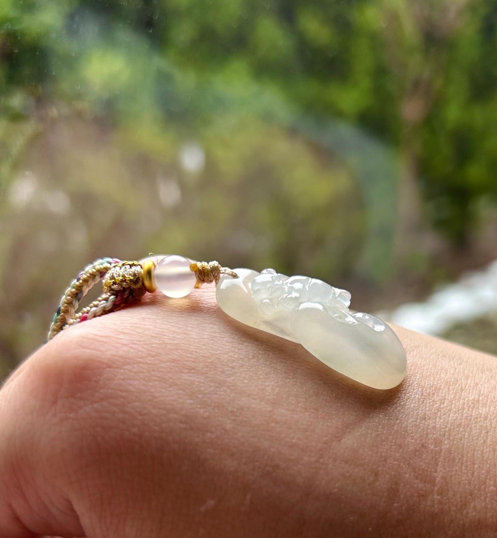 Jadeite Jade Pendant Jewelry Gift Burmese Untreated Type A Highly Translucent Icy White Jadeite Cute Monkey RuYi Pendant Hand-woven Necklace