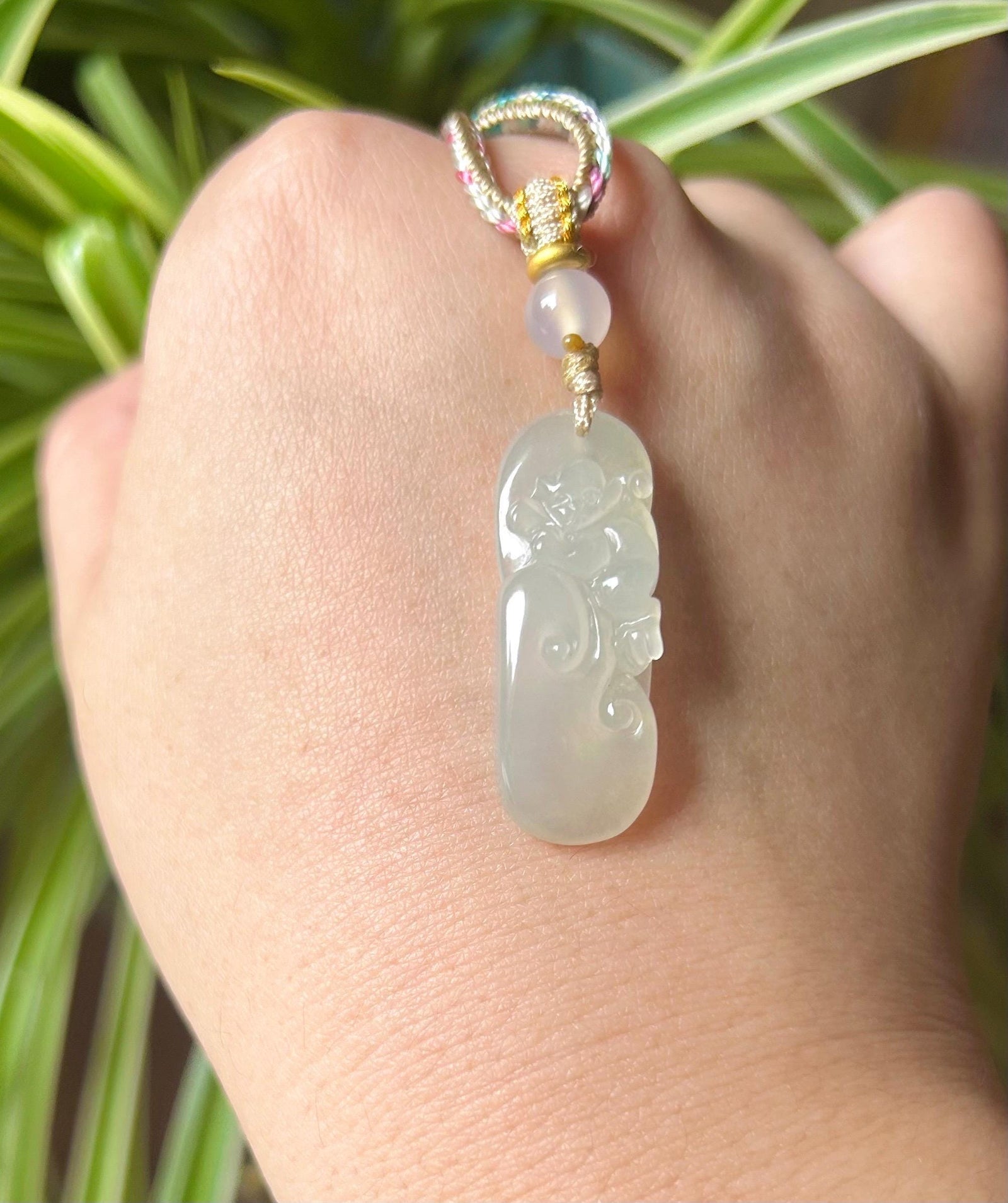 Jadeite Jade Pendant Jewelry Gift Burmese Untreated Type A Highly Translucent Icy White Jadeite Cute Monkey RuYi Pendant Hand-woven Necklace