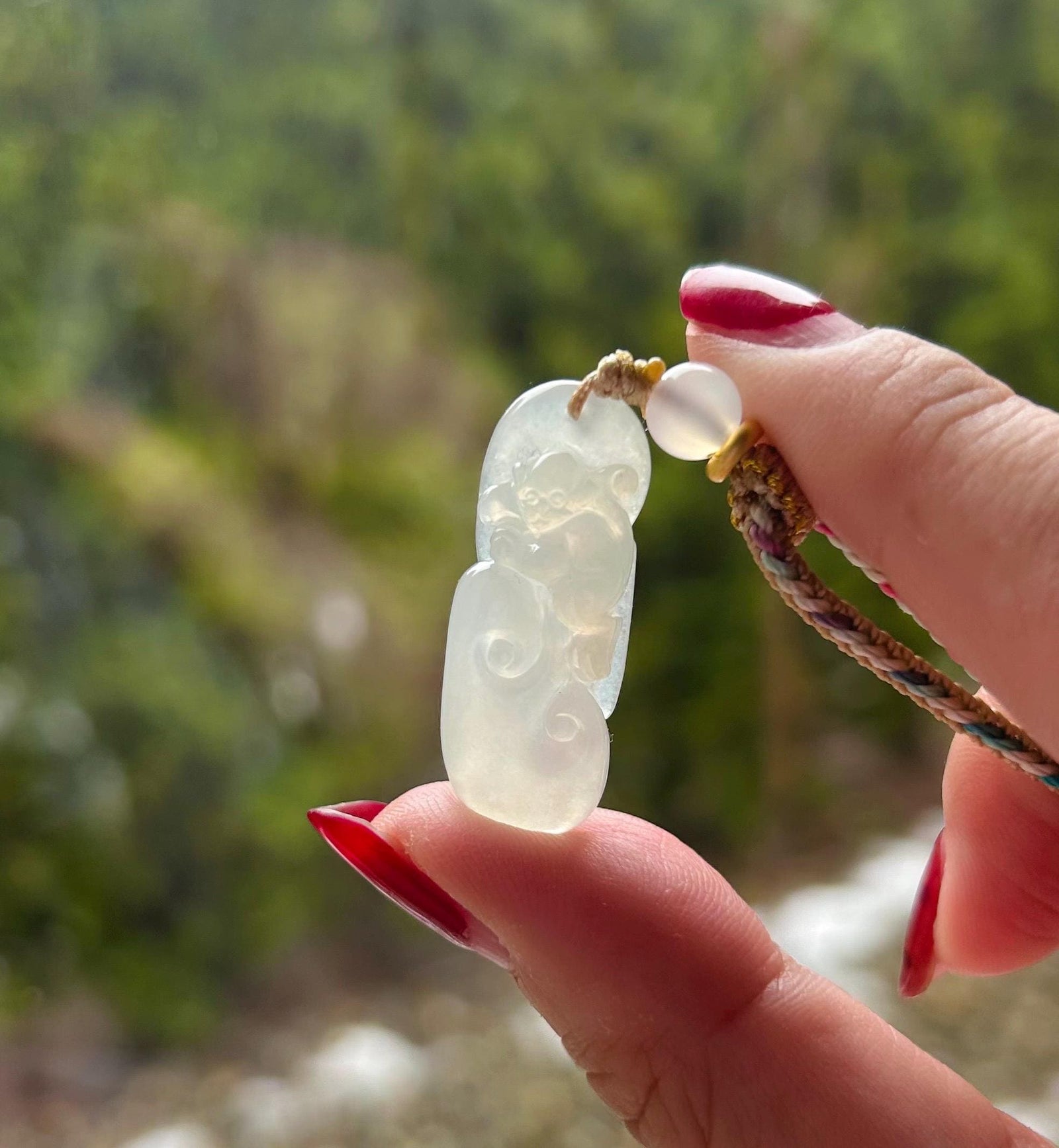 Jadeite Jade Pendant Jewelry Gift Burmese Untreated Type A Highly Translucent Icy White Jadeite Cute Monkey RuYi Pendant Hand-woven Necklace