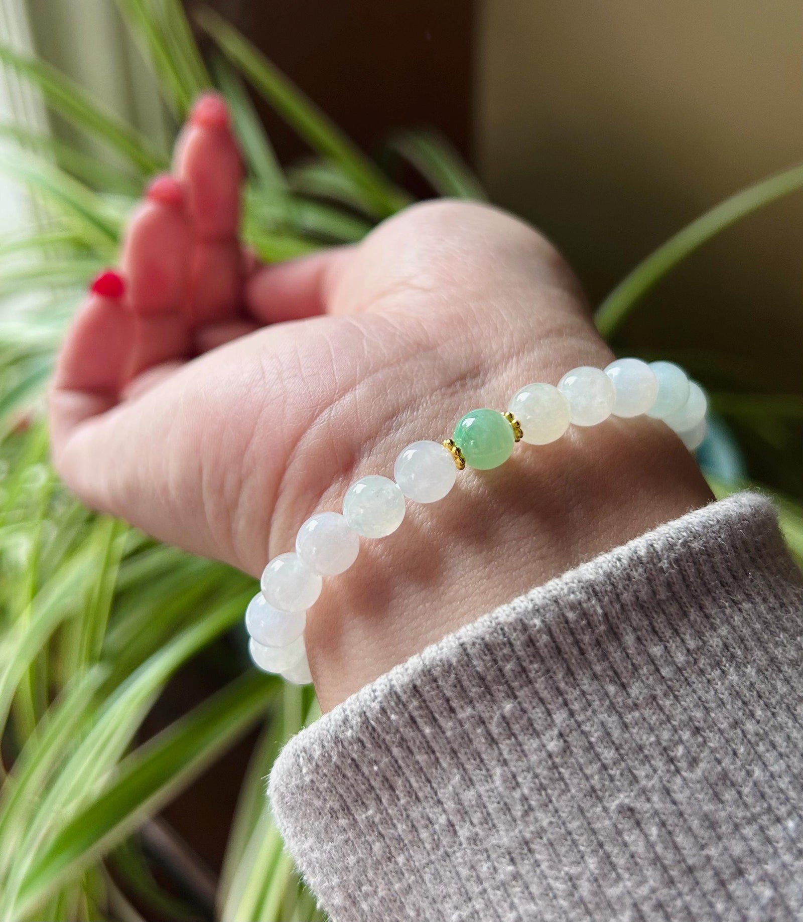 Jadeite Beaded Bracelet Jade Jewelry Perfect Gift for Her Natural Burmese Type A Translucent Icy White & Sweet Green Jadeite 7mm Handcrafted