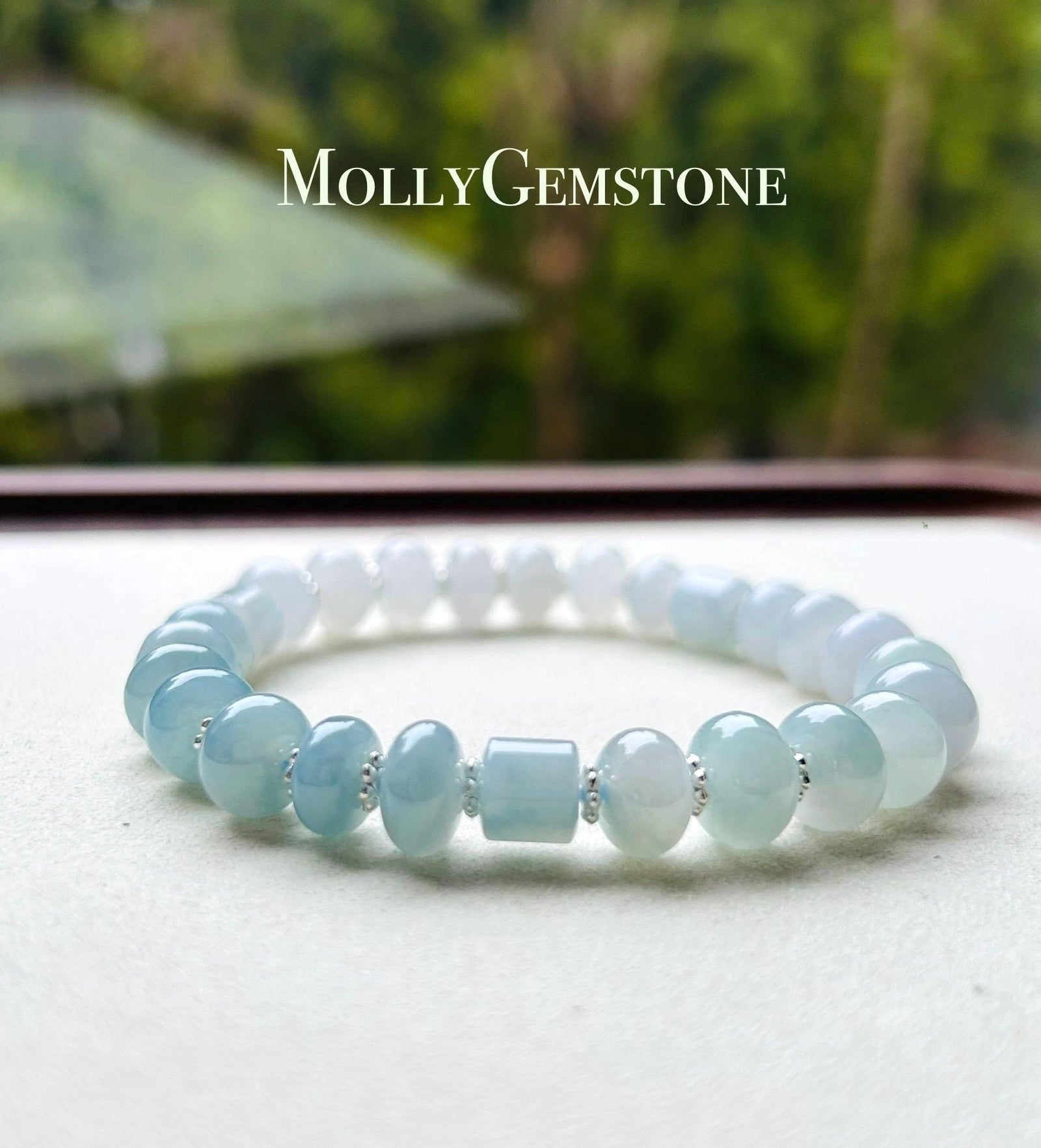 Jadeite Jade Beaded Bracelet Jewelry Gift for Her Burmese Natural High Translucency Type A Icy Blue Gradient Color 8.5mm Handmade in Canada