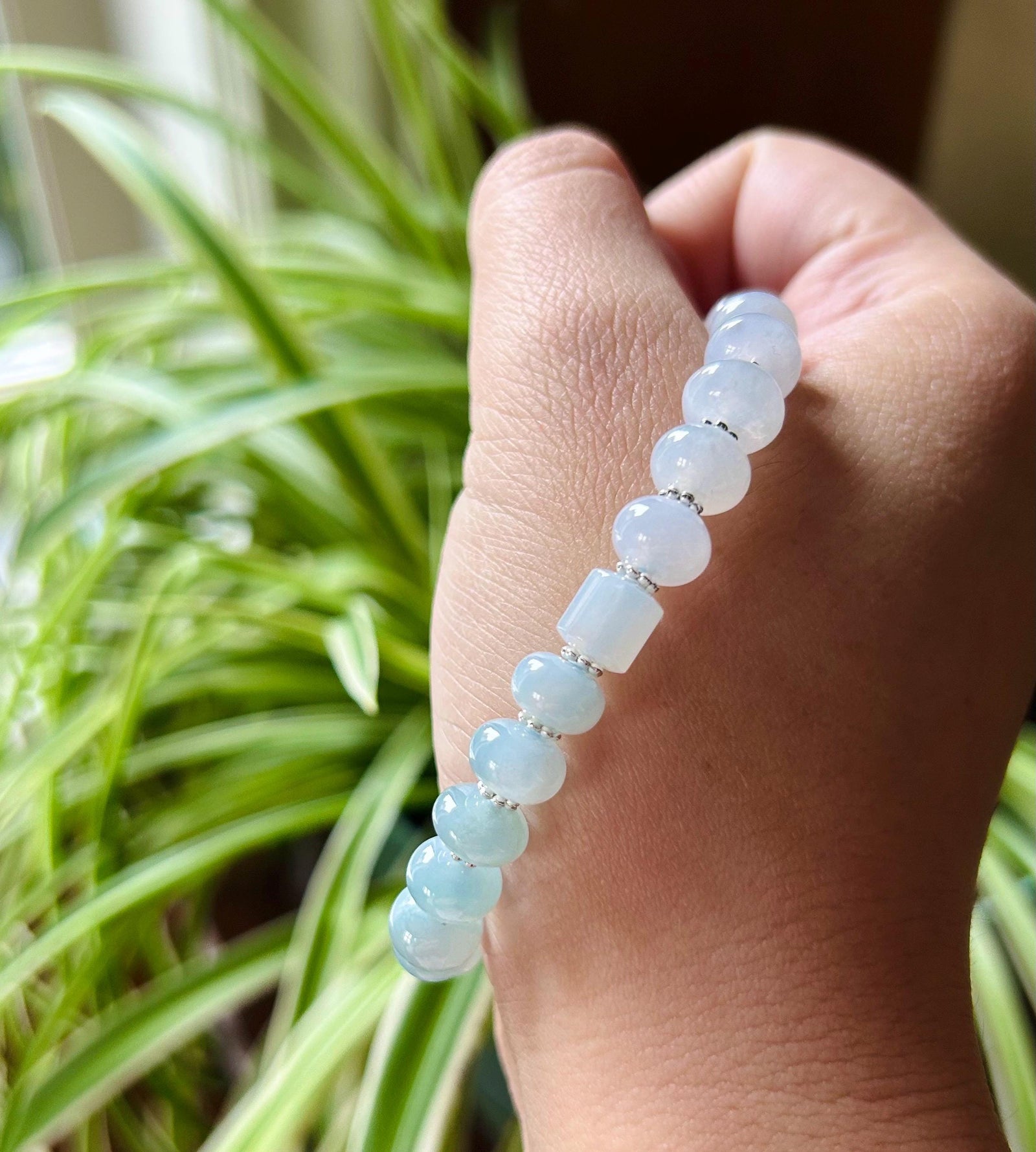 Jadeite Jade Beaded Bracelet Jewelry Gift for Her Burmese Natural High Translucency Type A Icy Blue Gradient Color 8.5mm Handmade in Canada