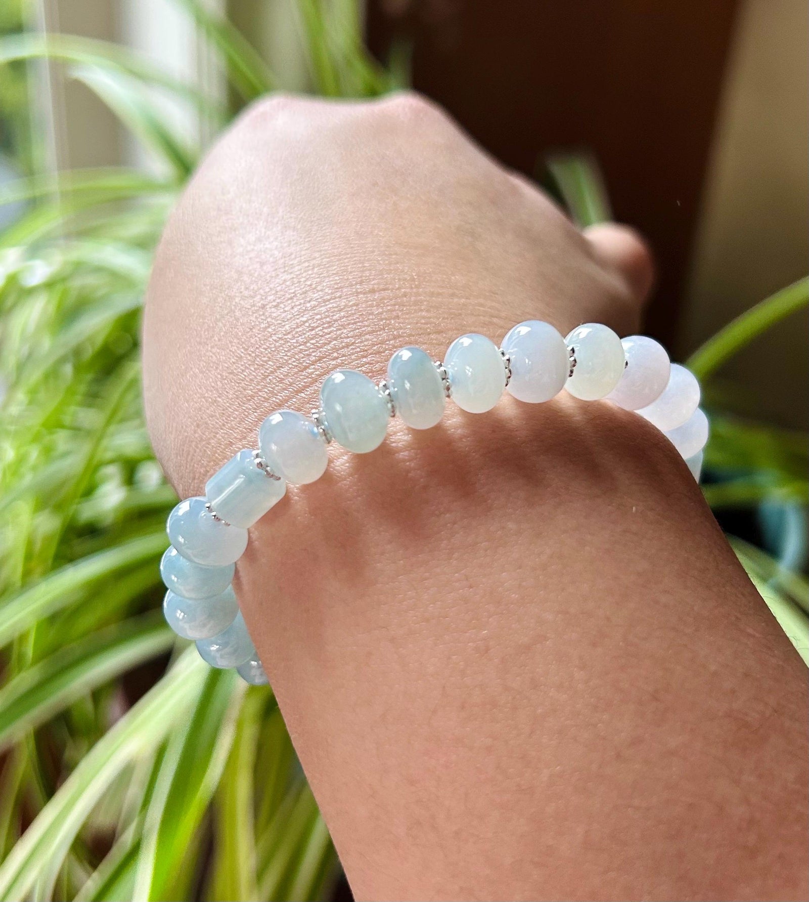 Jadeite Jade Beaded Bracelet Jewelry Gift for Her Burmese Natural High Translucency Type A Icy Blue Gradient Color 8.5mm Handmade in Canada