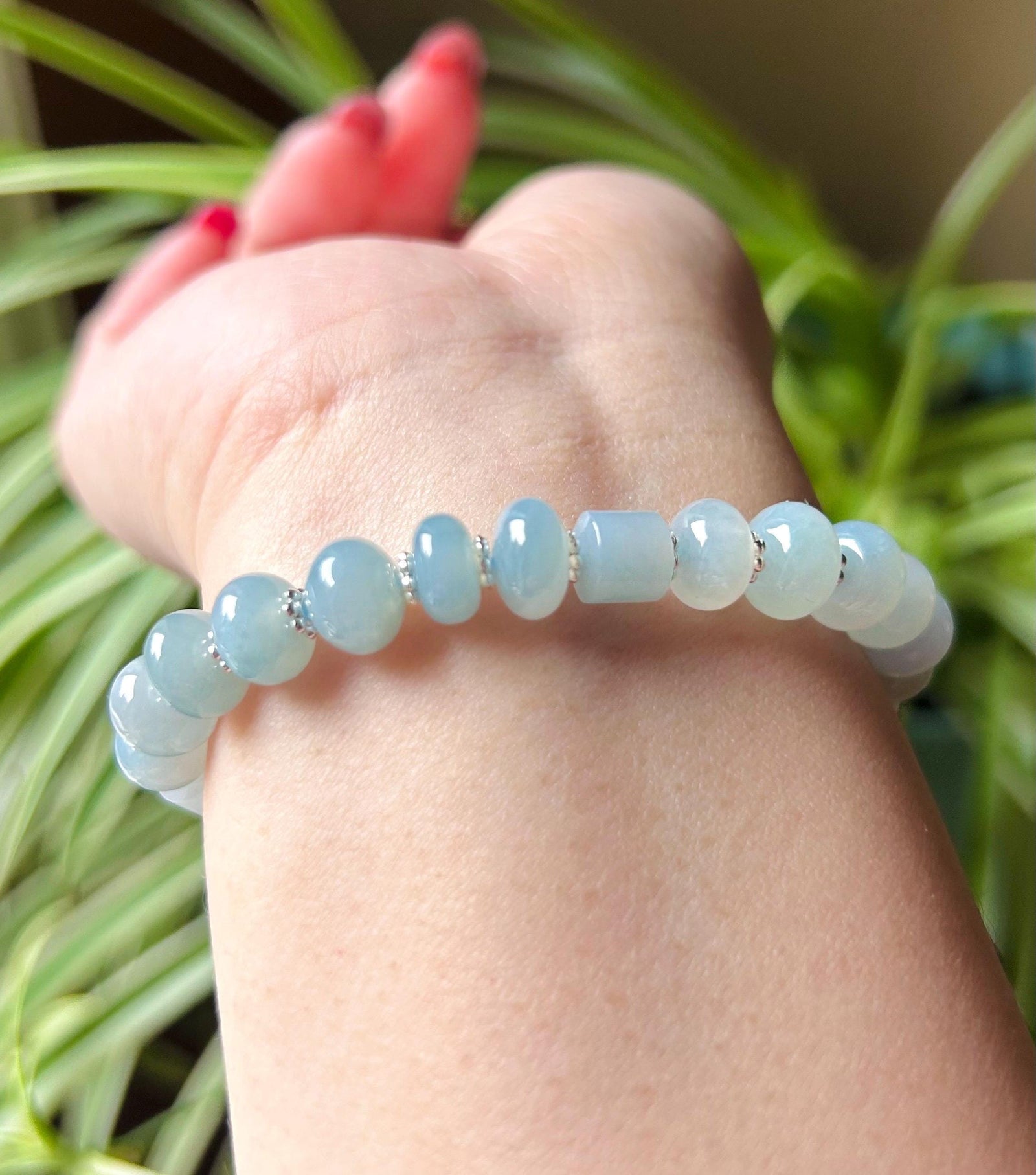 Jadeite Jade Beaded Bracelet Jewelry Gift for Her Burmese Natural High Translucency Type A Icy Blue Gradient Color 8.5mm Handmade in Canada