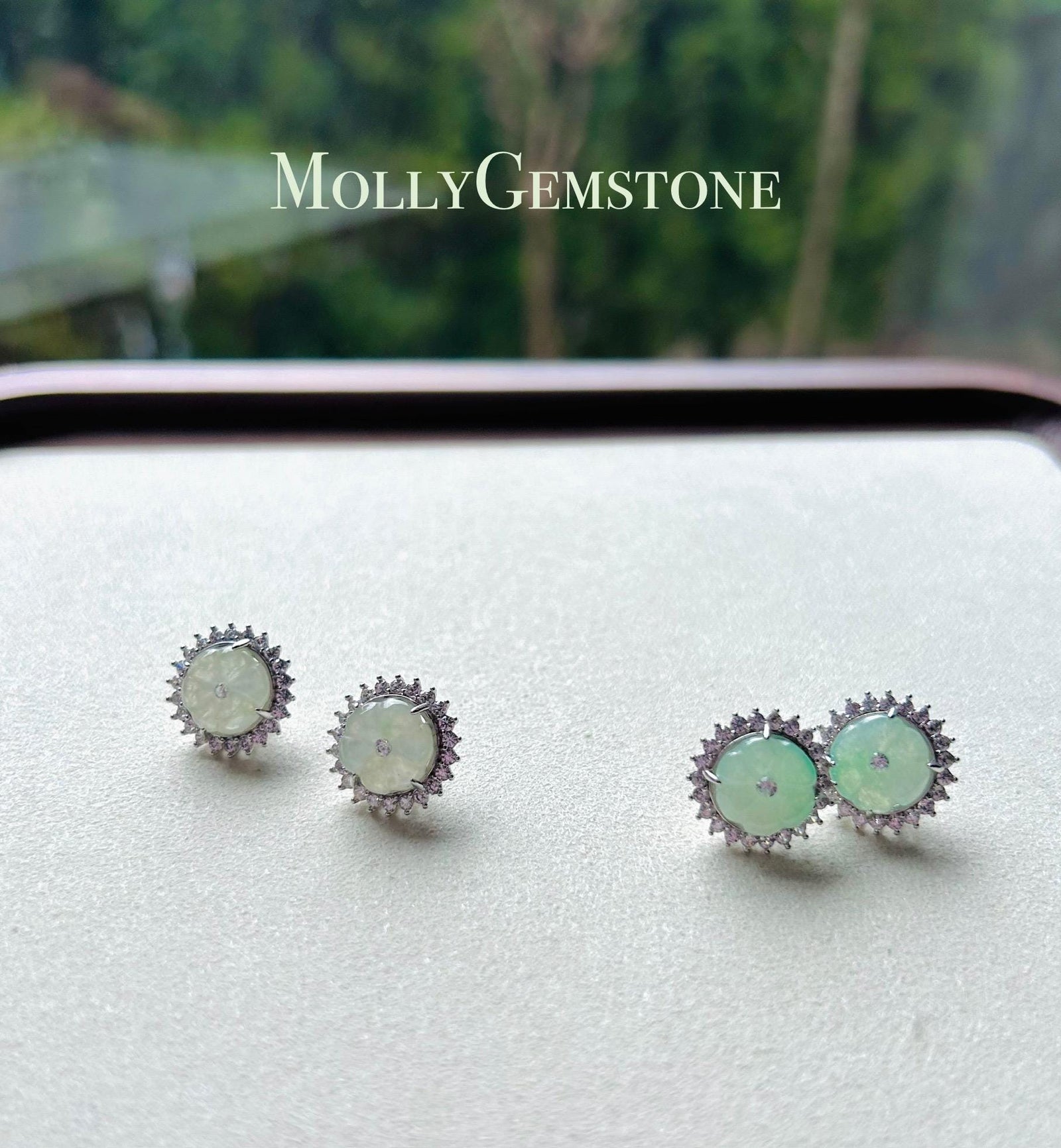 Jadeite Jade Stud Earrings Jewelry Gift for Her Burmese Natural Type A Translucent Icy White and Green Floral Jadeite Earrings Silver