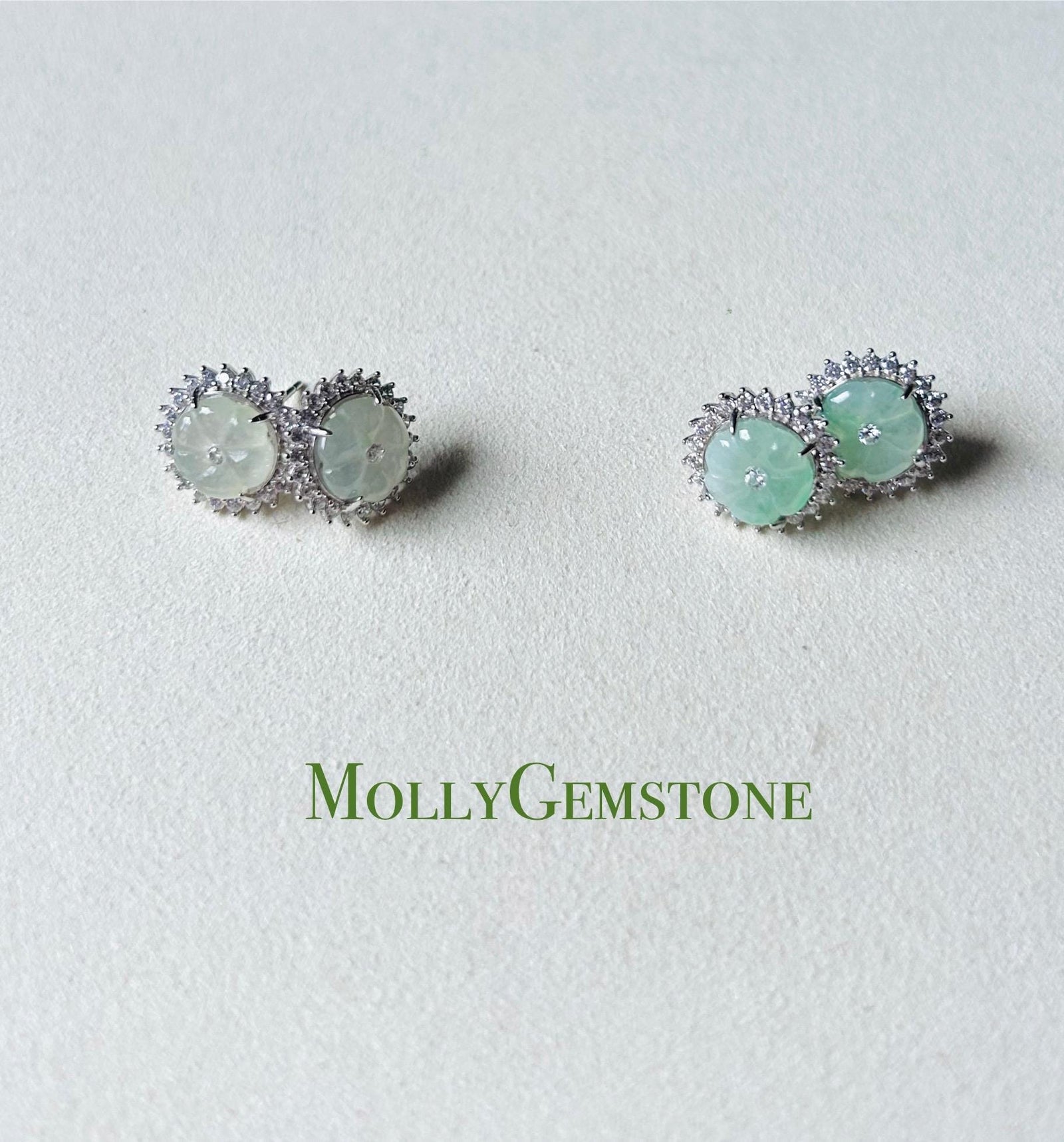 Jadeite Jade Stud Earrings Jewelry Gift for Her Burmese Natural Type A Translucent Icy White and Green Floral Jadeite Earrings Silver
