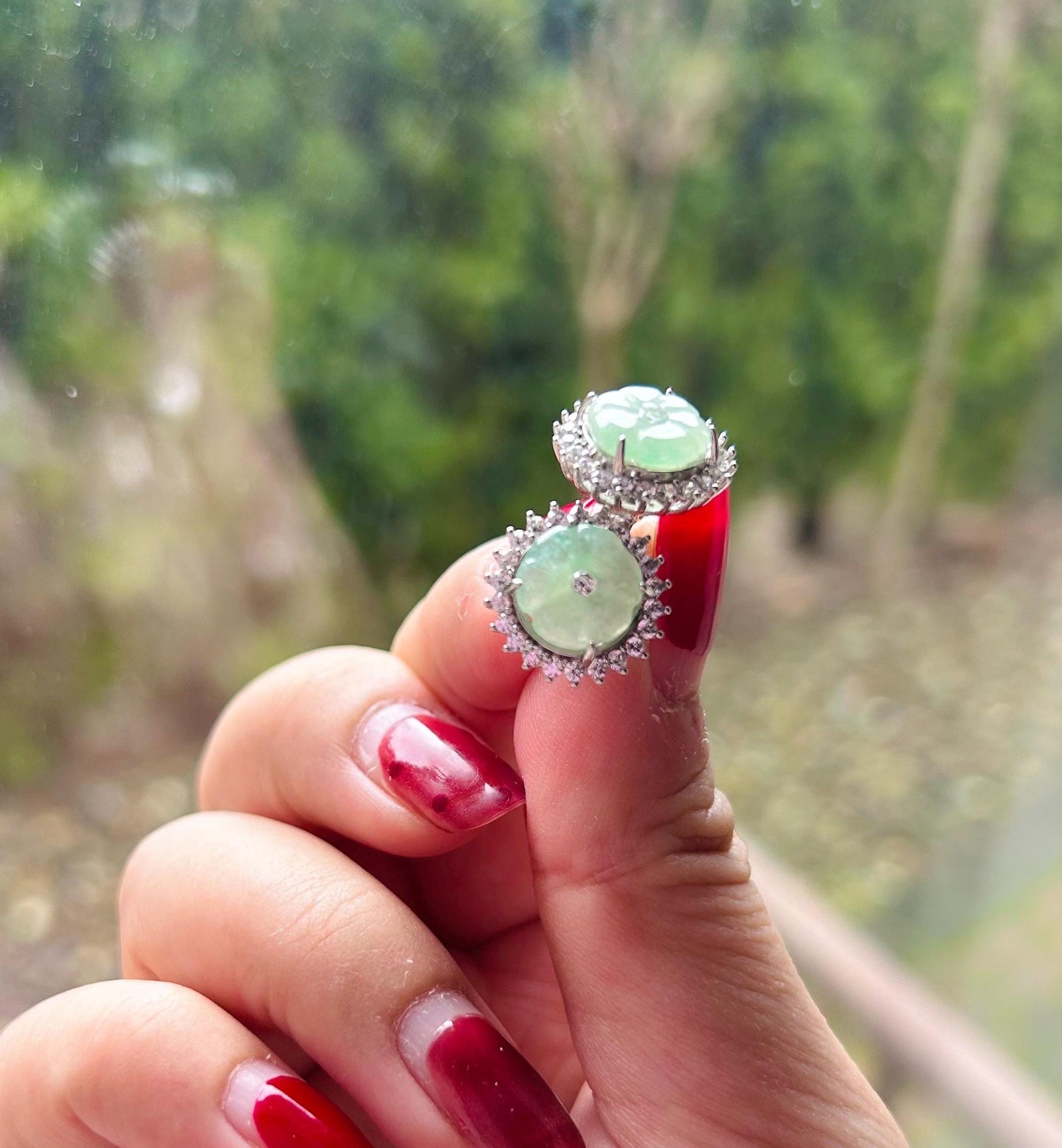 Jadeite Jade Stud Earrings Jewelry Gift for Her Burmese Natural Type A Translucent Icy White and Green Floral Jadeite Earrings Silver