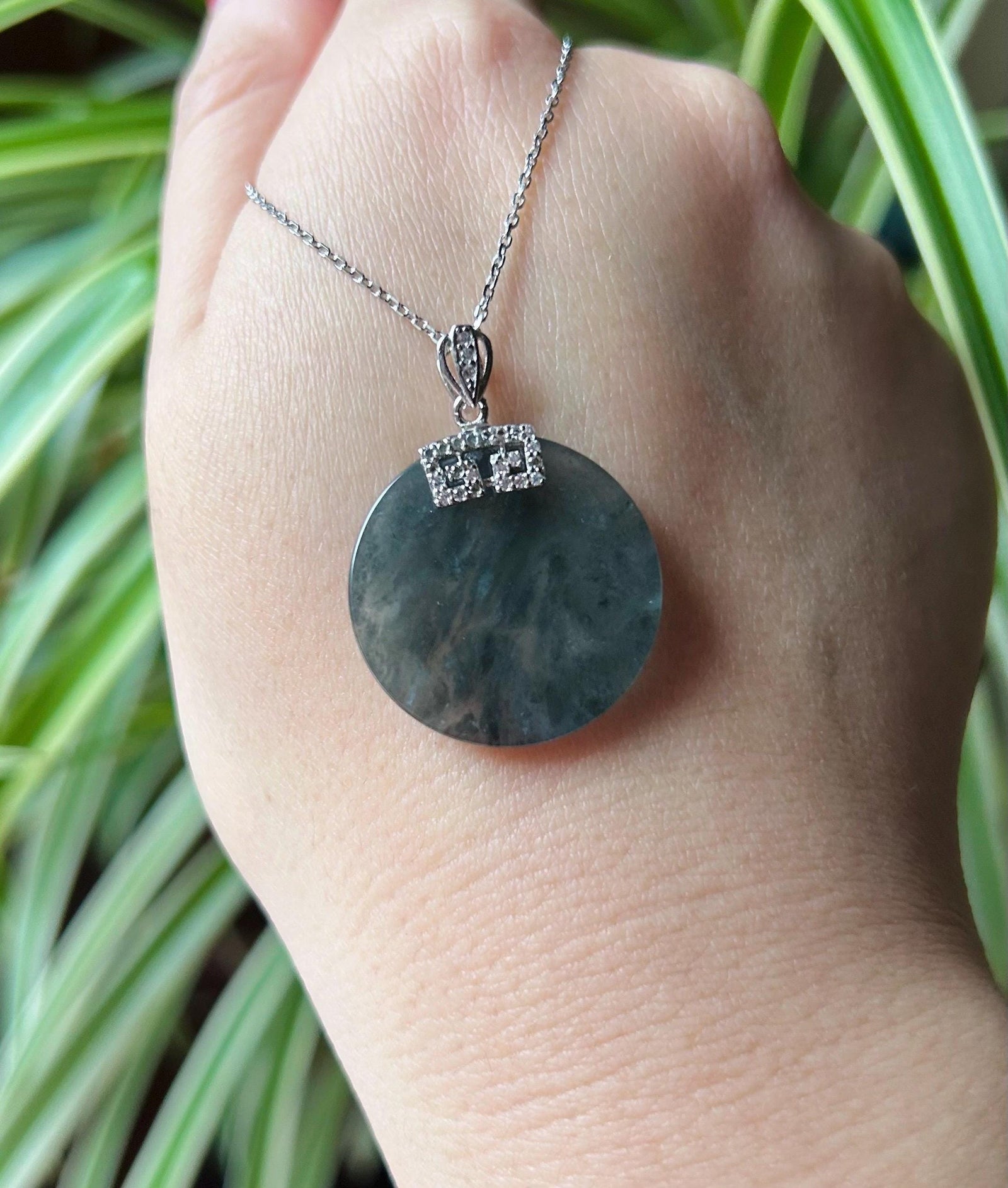 Jadeite Jade Pendant Sterling Silver Necklace Jewelry Burmese Untreated Type A Highly Translucent Icy Wuji(乌鸡) Black Jade New Year Gift 无事牌