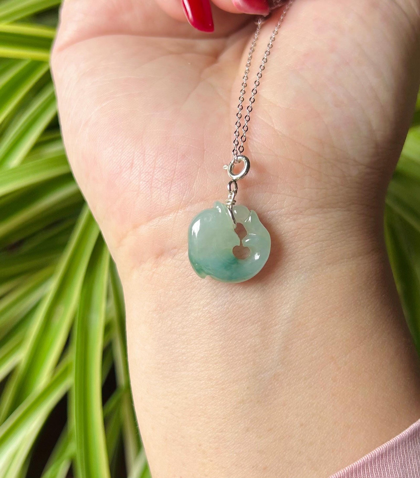 Jadeite Jade Dolphin Pendant Necklace Jewelry Gift for Her Burmese Untreated Type A Icy Translucent Blue Floral Jadeite Sterling Silver