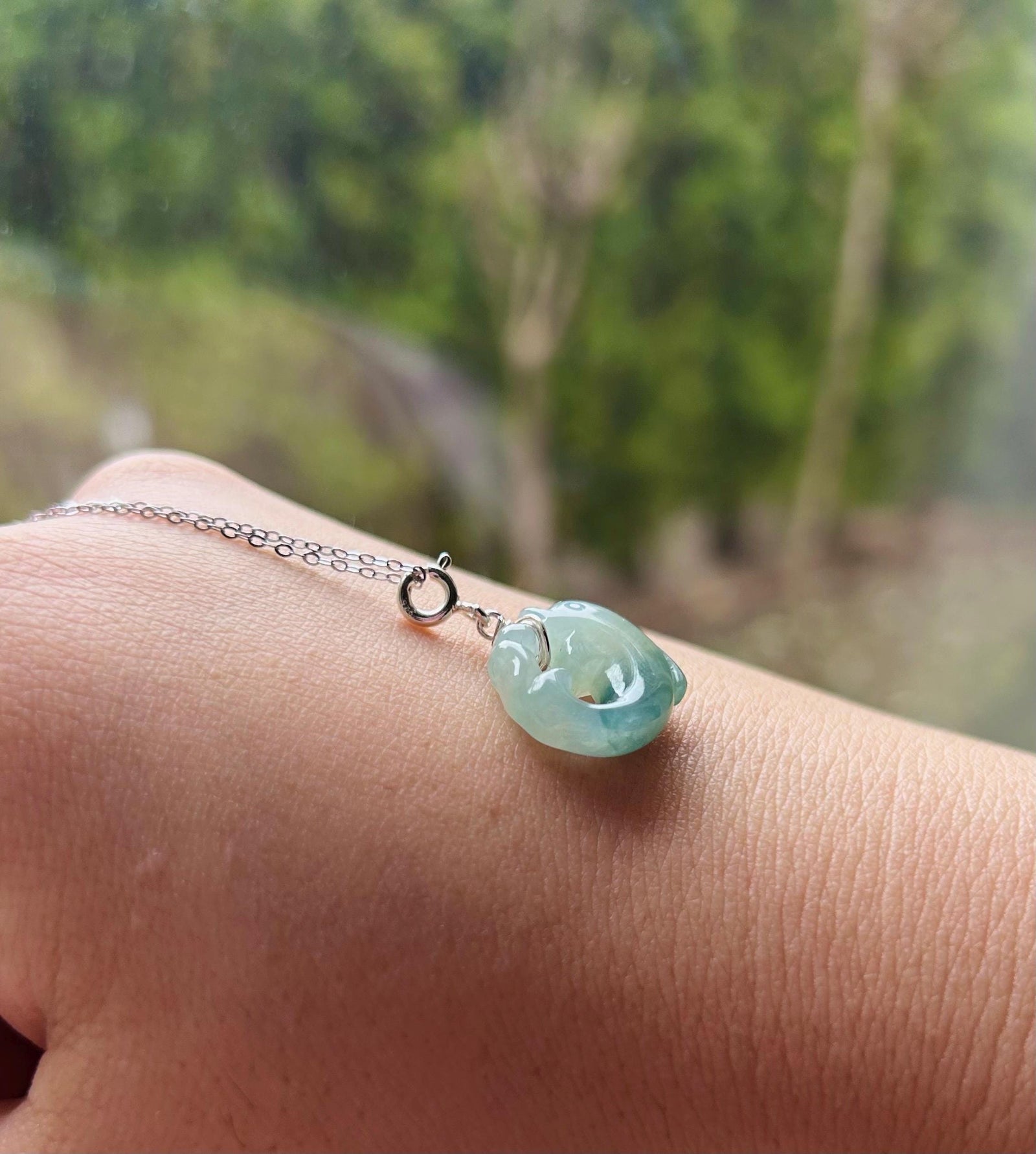 Jadeite Jade Dolphin Pendant Necklace Jewelry Gift for Her Burmese Untreated Type A Icy Translucent Blue Floral Jadeite Sterling Silver