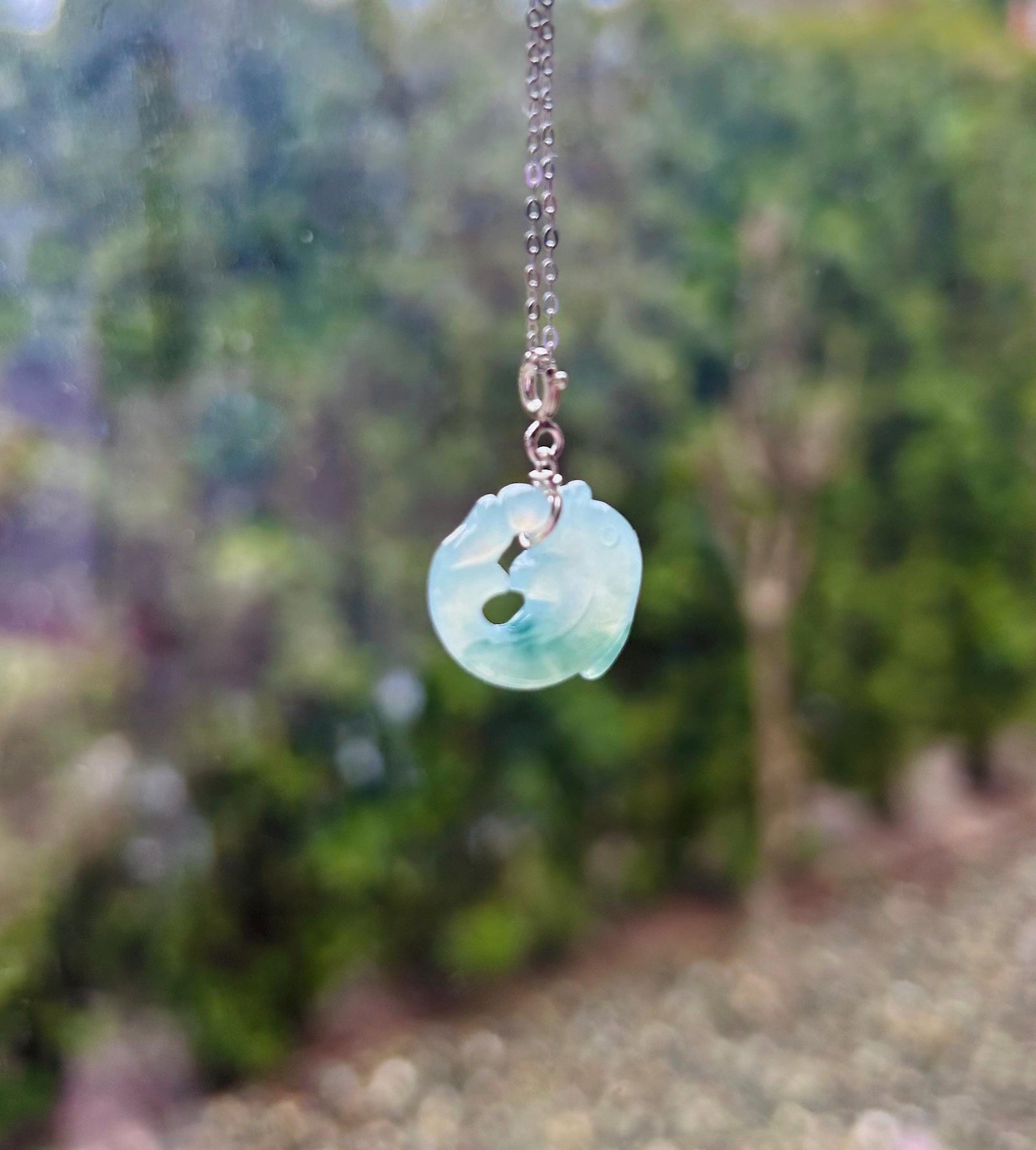 Jadeite Jade Dolphin Pendant Necklace Jewelry Gift for Her Burmese Untreated Type A Icy Translucent Blue Floral Jadeite Sterling Silver