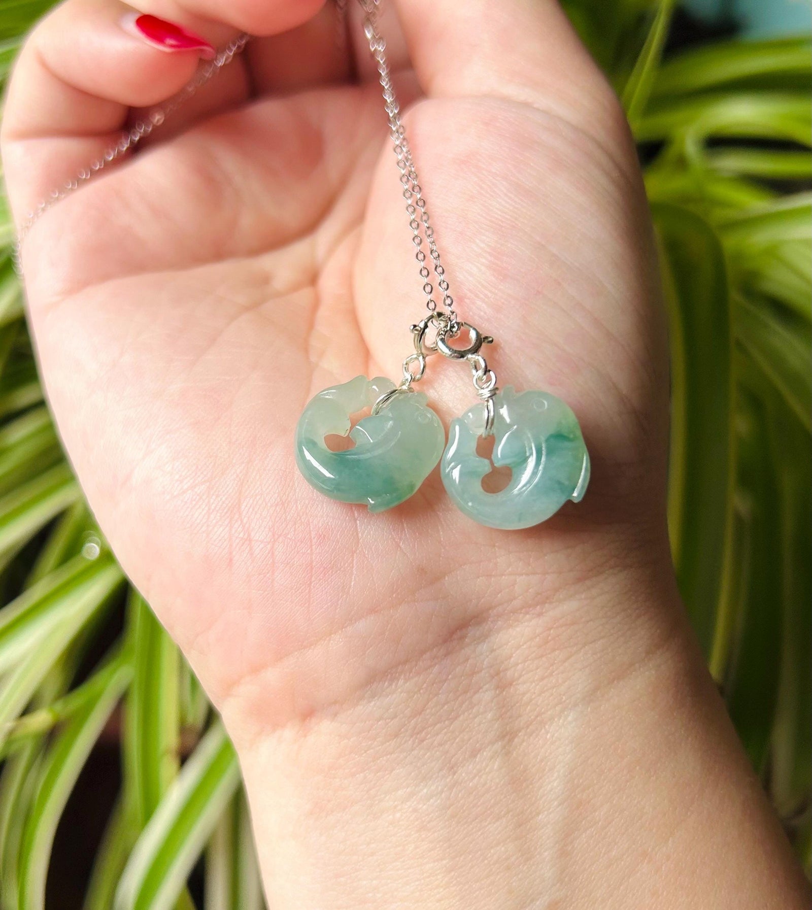 Jadeite Jade Dolphin Pendant Necklace Jewelry Gift for Her Burmese Untreated Type A Icy Translucent Blue Floral Jadeite Sterling Silver
