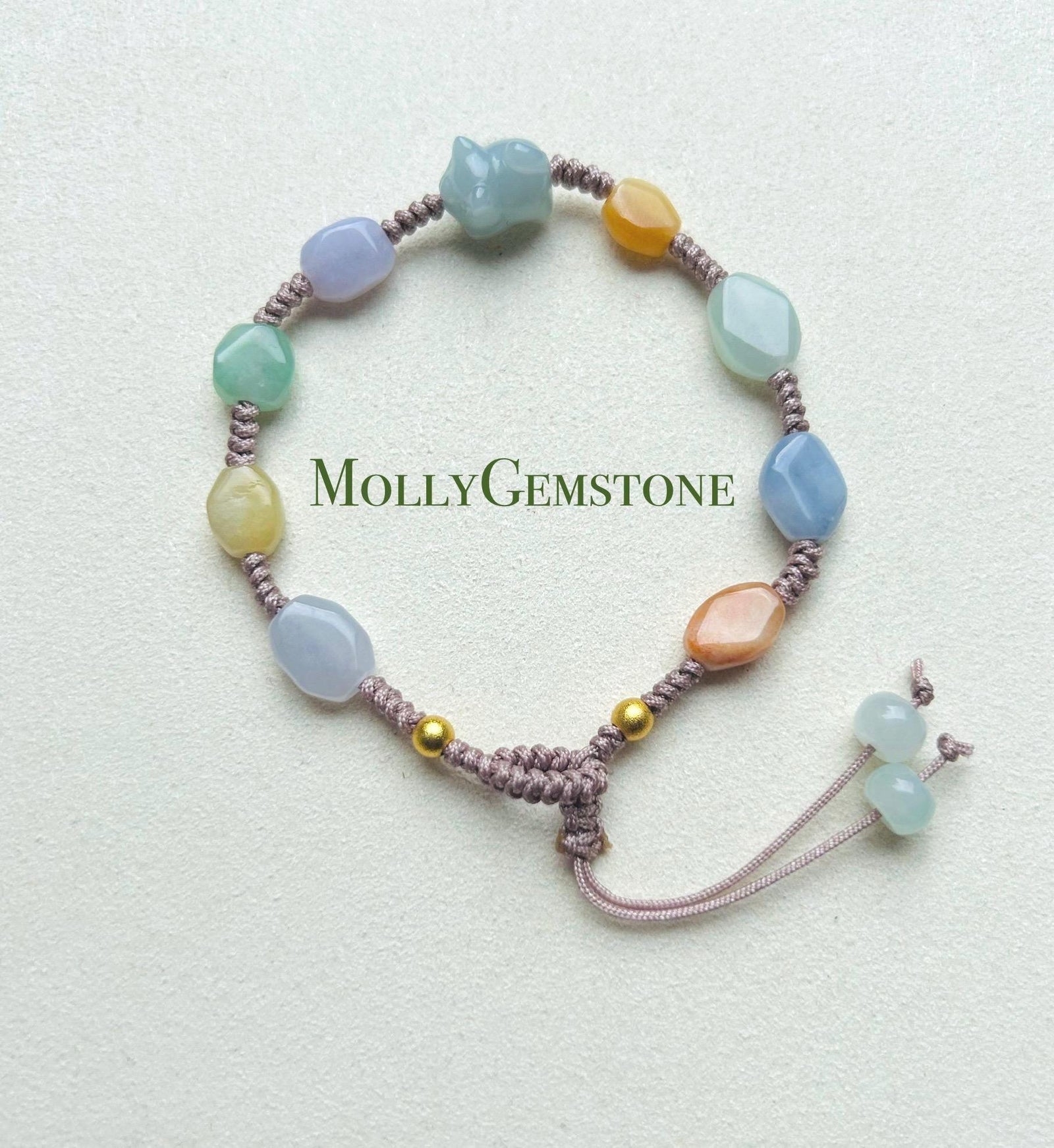 Jadeite Jade Bracelet Jewelry Gift Untreated Burmese Translucent Icy Multicolor Type A Hand-woven Cute Kitty Multi-Shape Beads Bracelet Gift