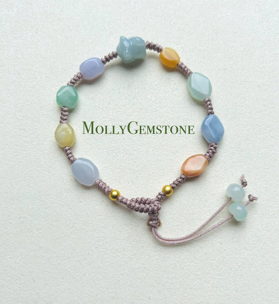Jadeite Jade Bracelet Jewelry Gift Untreated Burmese Translucent Icy Multicolor Type A Hand-woven Cute Kitty Multi-Shape Beads Bracelet Gift