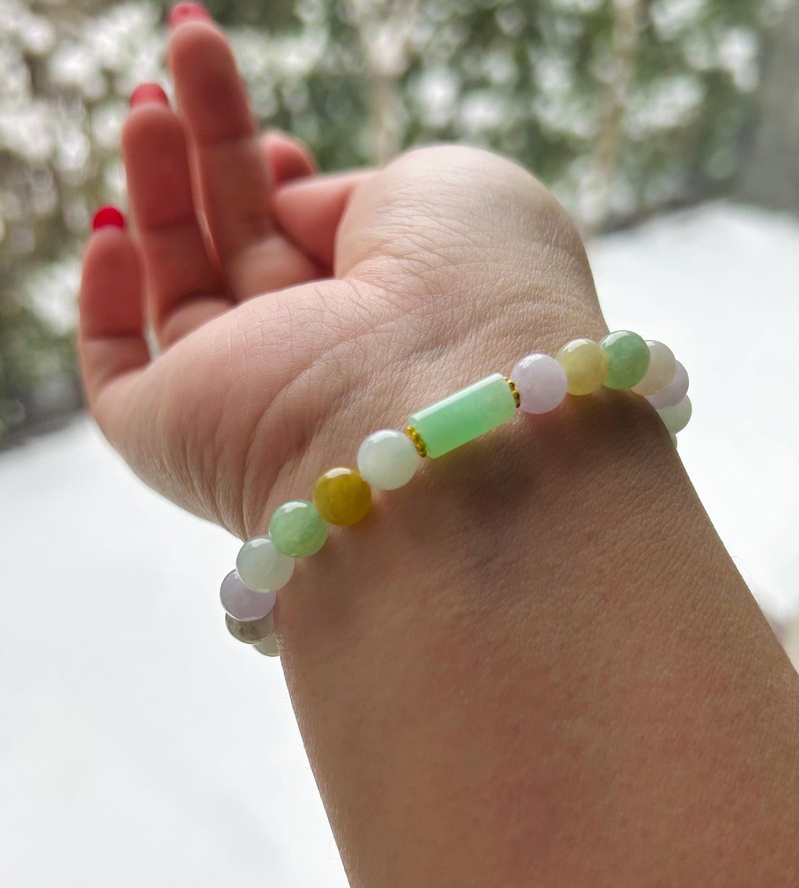 Jadeite Jade Beaded Bracelet Jewelry Natural Burmese Type A Icy Translucent Jadeite Multi-color Rainbow Feicui 7mm Handmade Gift