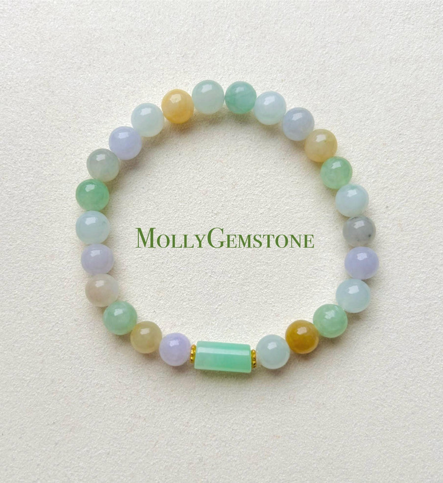 Jadeite Jade Beaded Bracelet Jewelry Natural Burmese Type A Icy Translucent Jadeite Multi-color Rainbow Feicui 7mm Handmade Gift