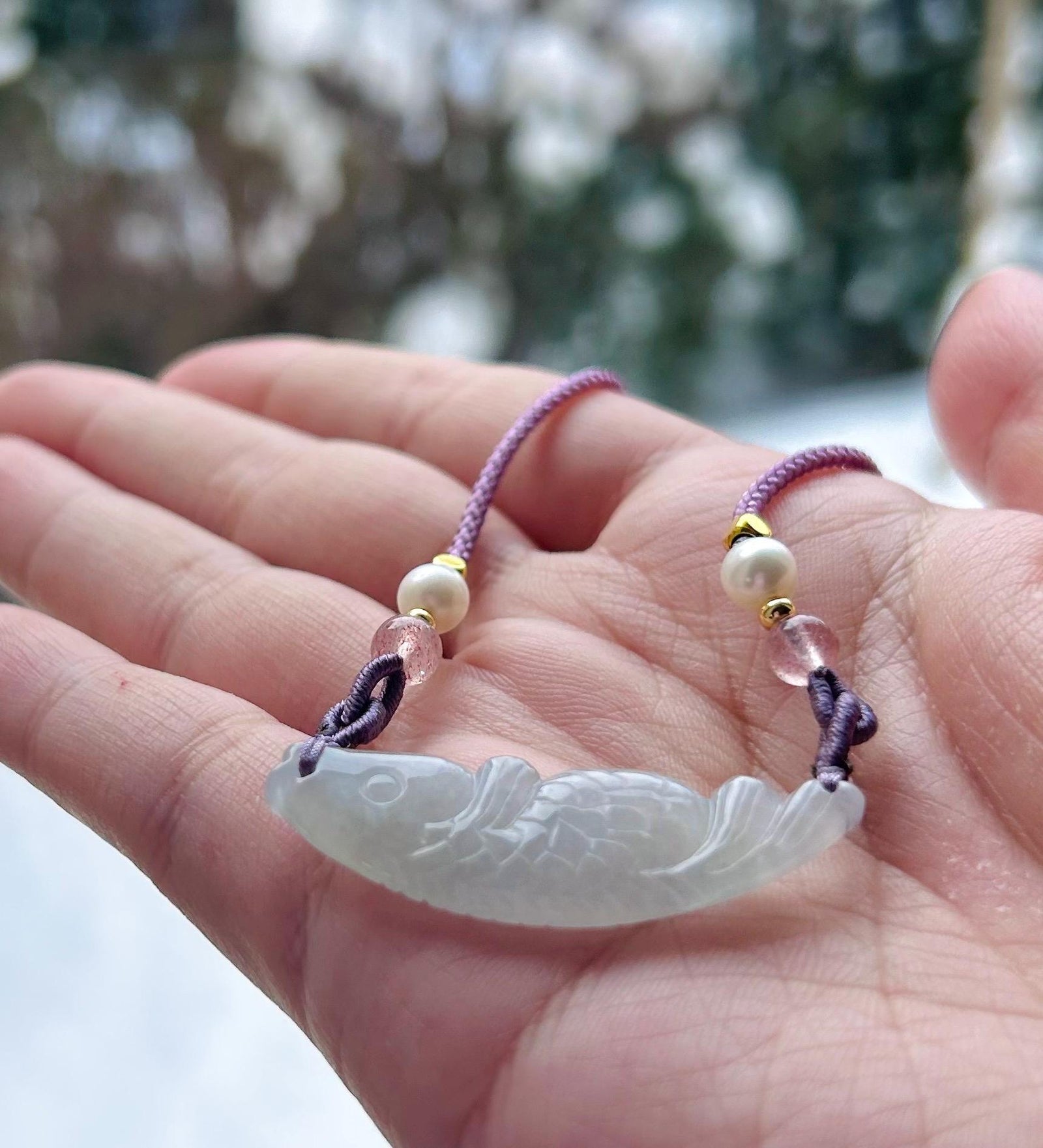 Jadeite Jade Crecent Pendant Jewelry Natural Burmese Type A Translucent Icy Blue Jade Carved Koi Fish(锦鲤) Handwowen Necklace New Year’s Gift