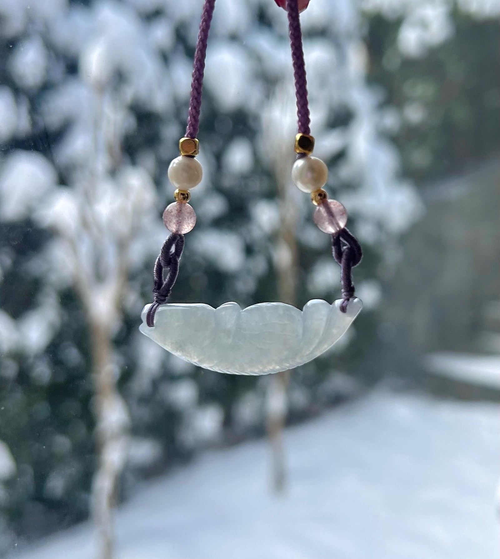 Jadeite Jade Crecent Pendant Jewelry Natural Burmese Type A Translucent Icy Blue Jade Carved Koi Fish(锦鲤) Handwowen Necklace New Year’s Gift