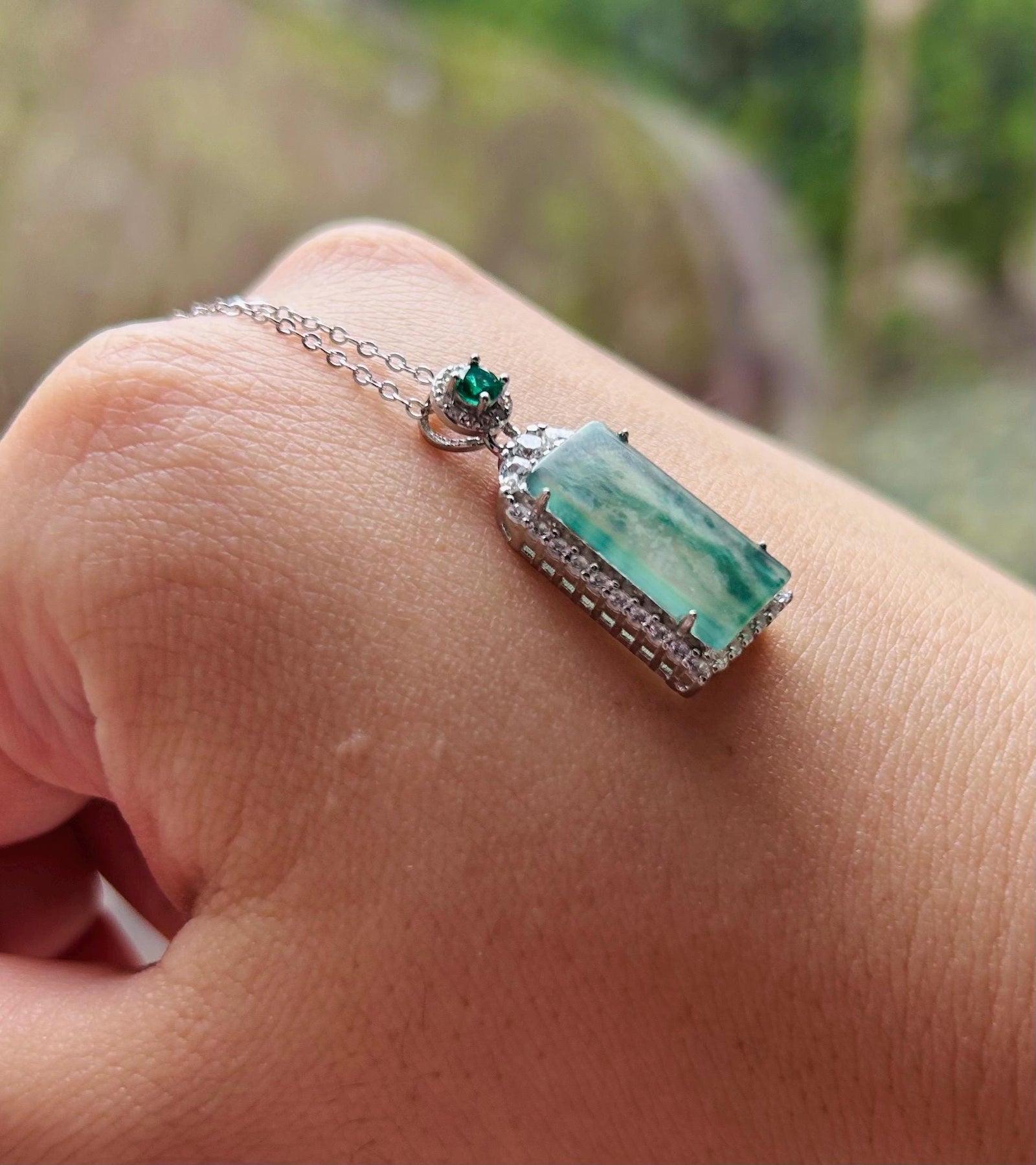 Jadeite Jade Pendant Sterling Silver Necklace Jewelry Gift for Her Burmese Untreated Type A Highly Translucent Icy Blue Floral Jade