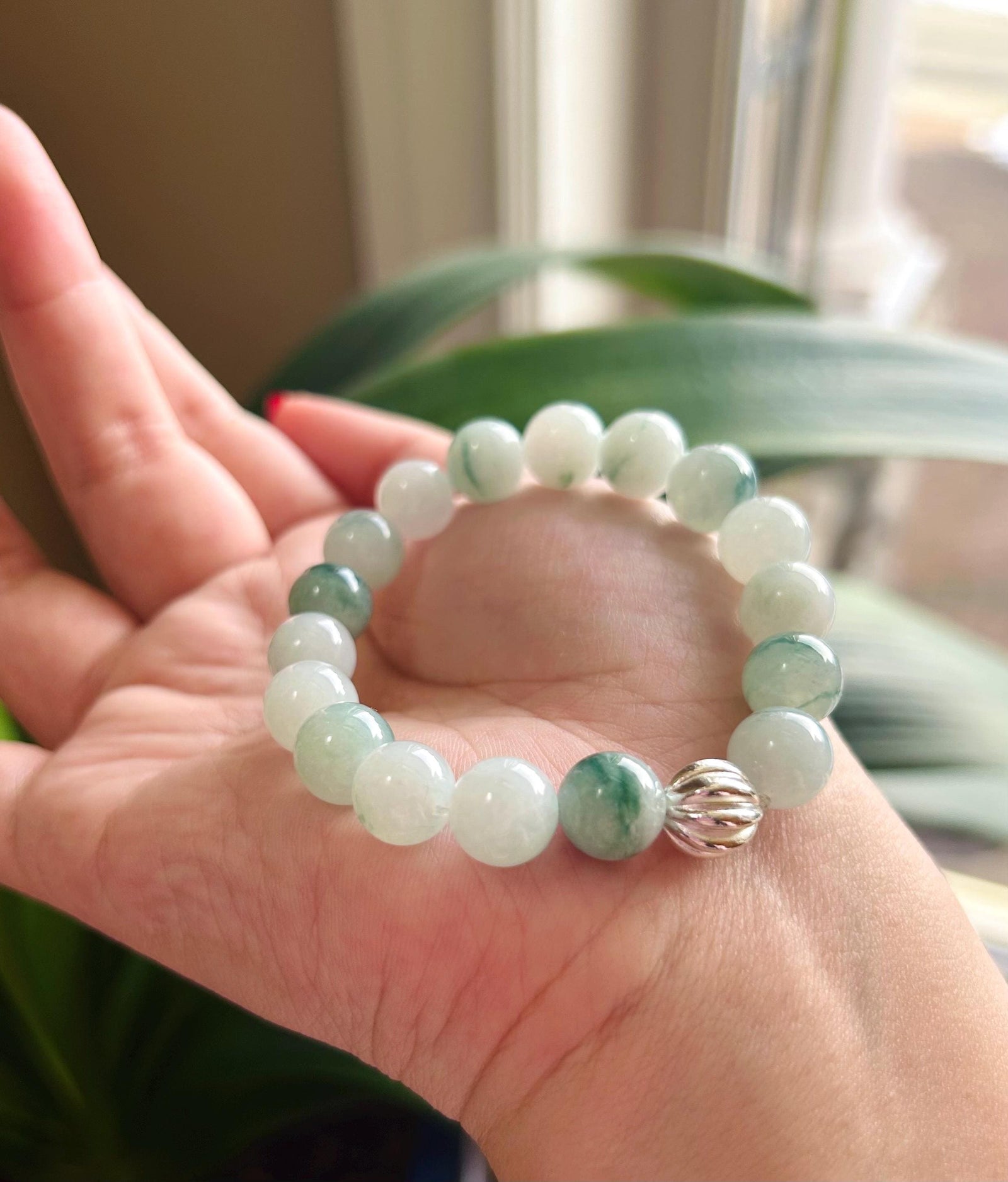 Jadeite Jade Beaded Bracelet Jewelry Authentic Untreated Genuine Type A Burmese Icy Translucent Blue Floral(蓝飘花) 10mm FeiCui Handemade Gift