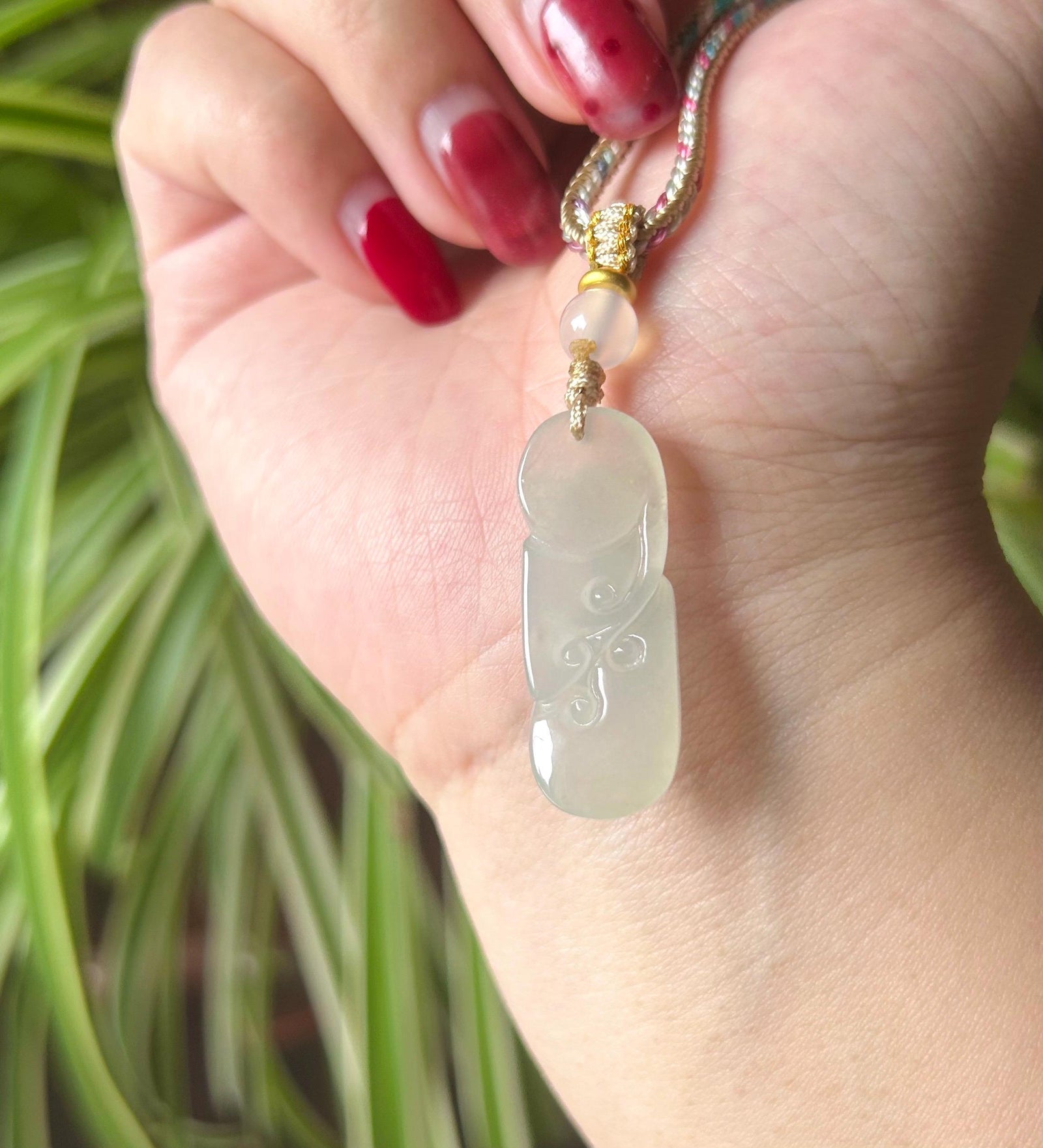 Jadeite Jade Pendant Jewelry Gift Burmese Untreated Type A Highly Translucent Icy White Jadeite Cute Monkey RuYi Pendant Hand-woven Necklace