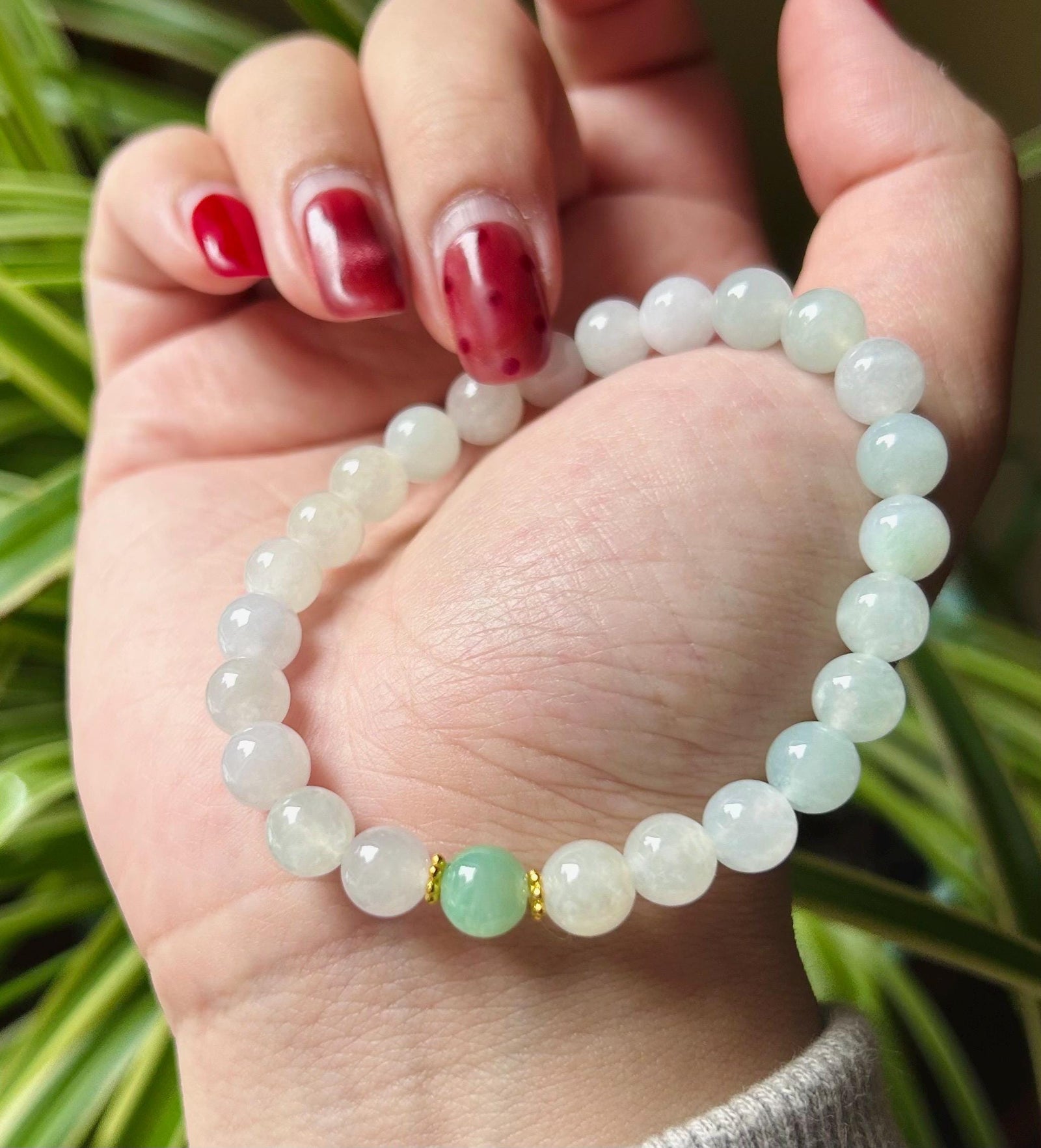 Jadeite Beaded Bracelet Jade Jewelry Perfect Gift for Her Natural Burmese Type A Translucent Icy White & Sweet Green Jadeite 7mm Handcrafted