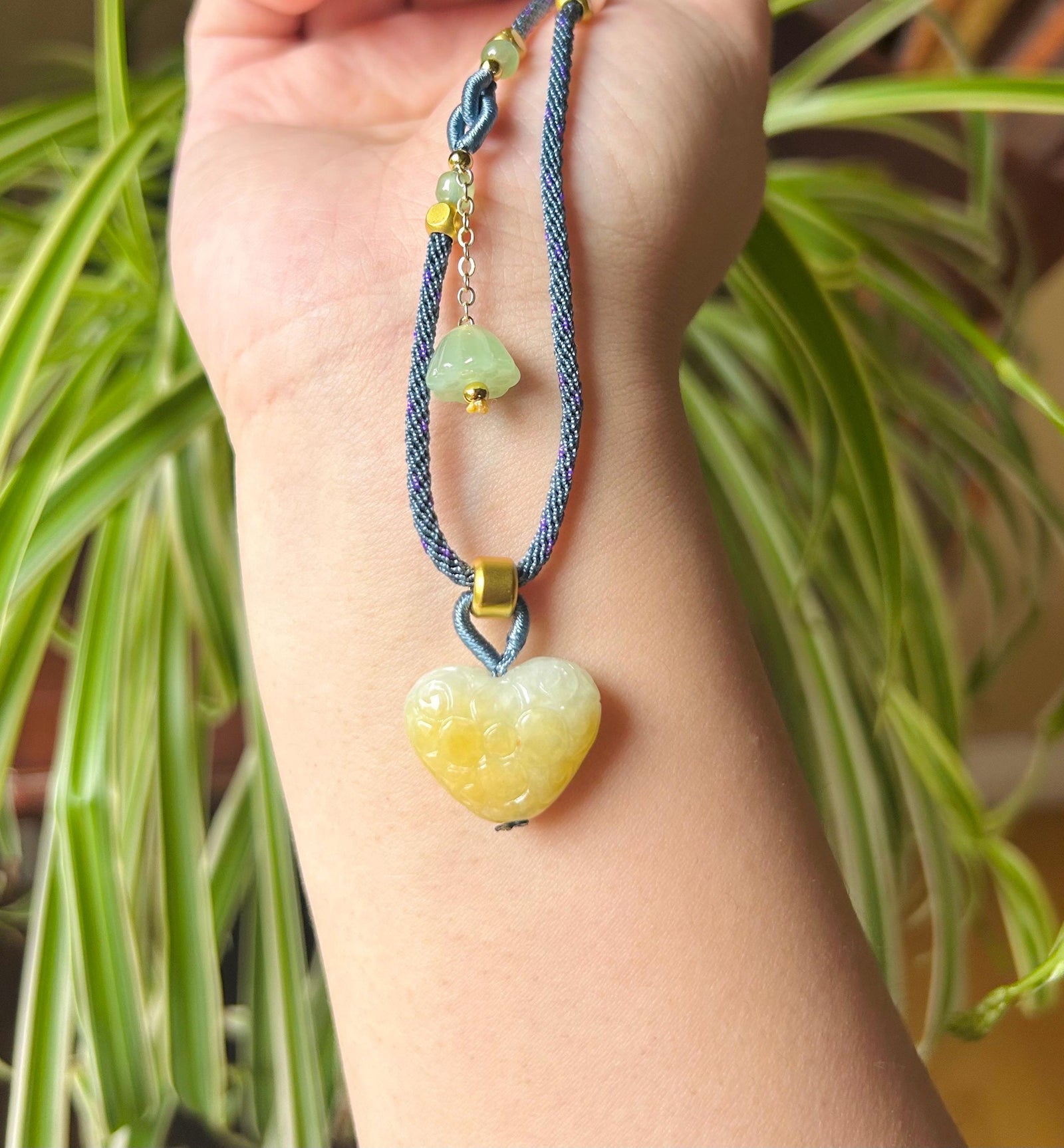 Jadeite Jade Heart Pendant Adjustable Necklace Handcrafted Gift for Her Burmese Authentic Untreated Type A Translucent Icy Yellow Jadeite