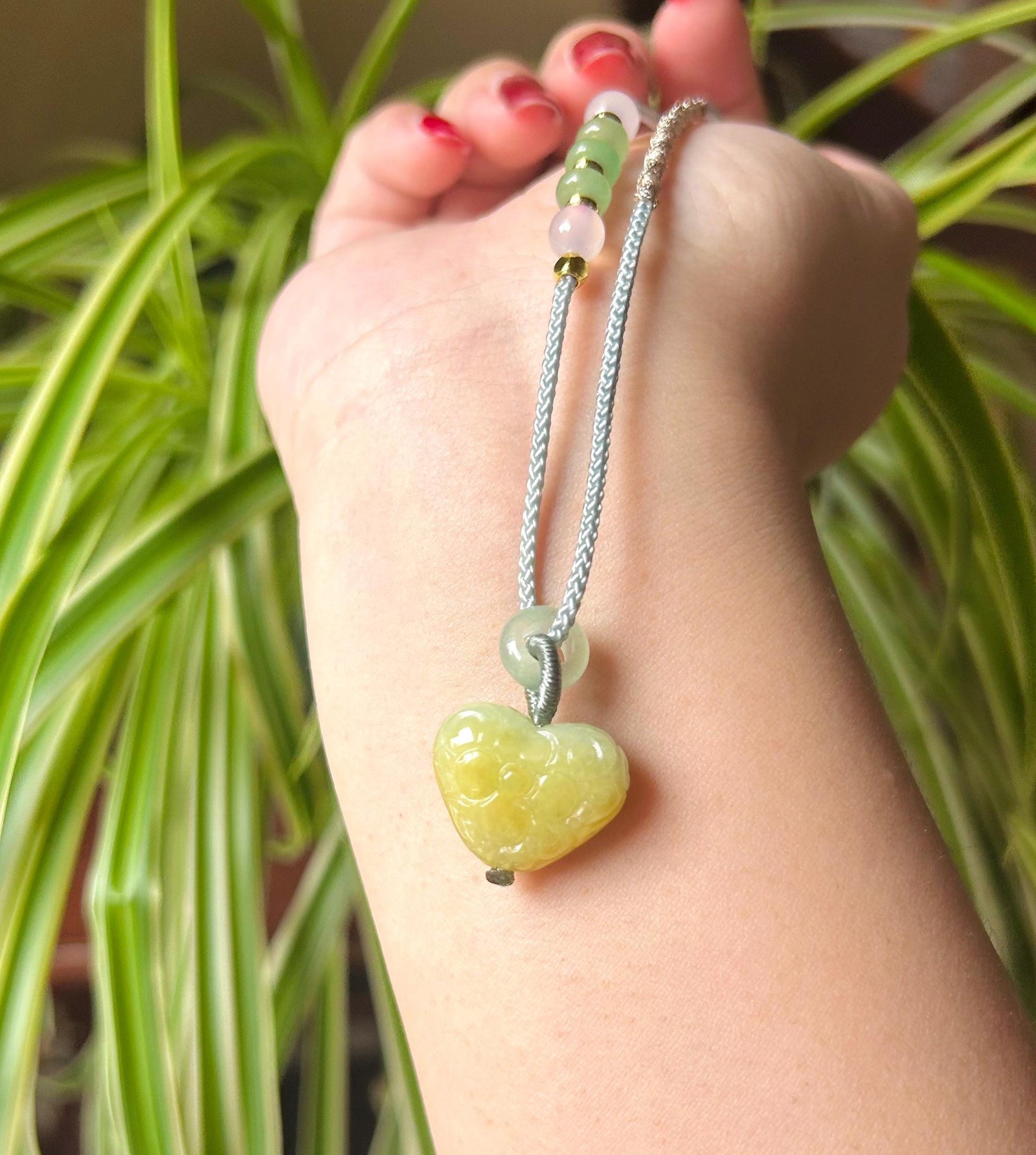 Jadeite Jade Heart Pendant Adjustable Necklace Handcrafted Gift for Her Burmese Authentic Untreated Type A Translucent Icy Yellow Jadeite