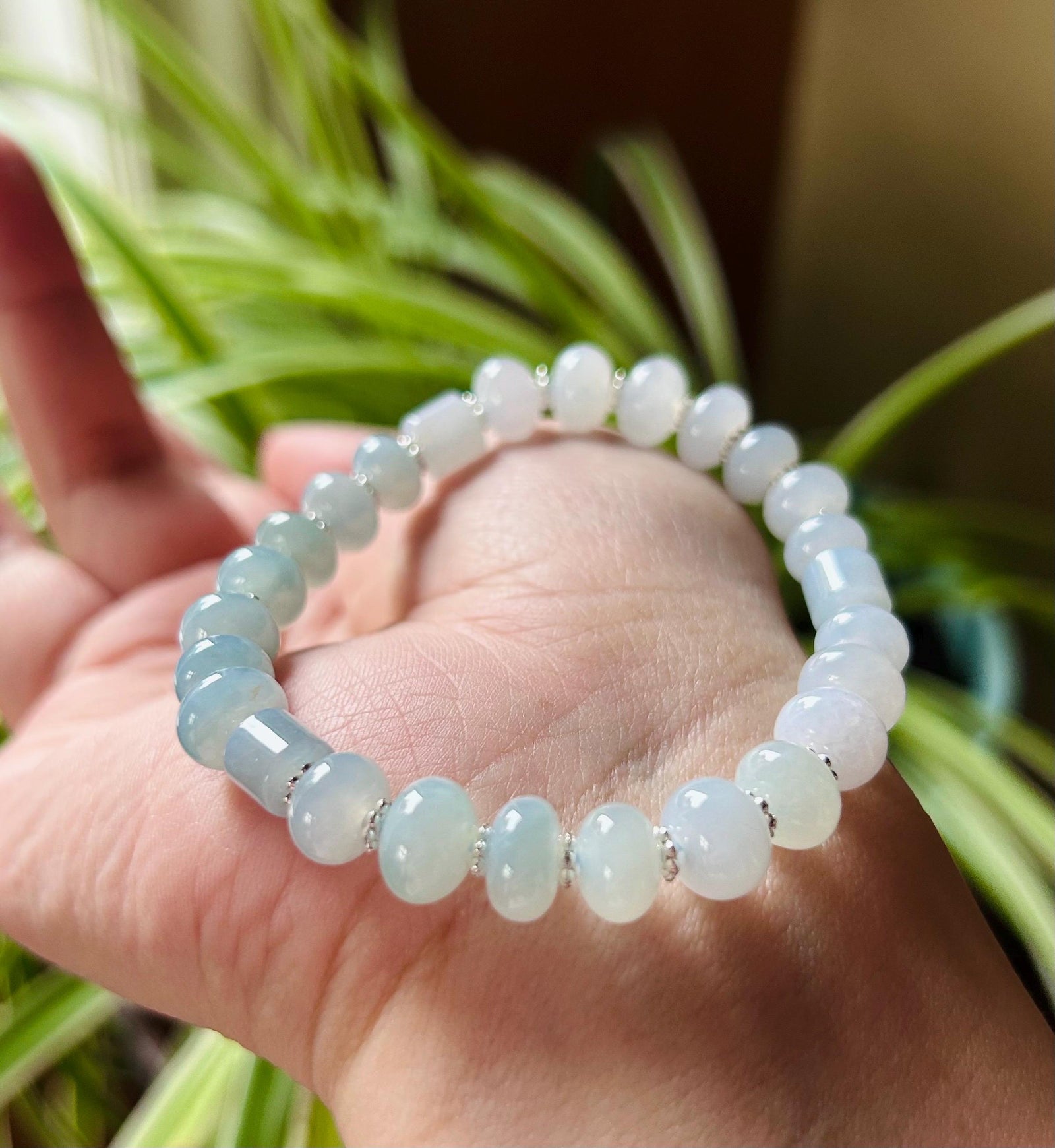 Jadeite Jade Beaded Bracelet Jewelry Gift for Her Burmese Natural High Translucency Type A Icy Blue Gradient Color 8.5mm Handmade in Canada