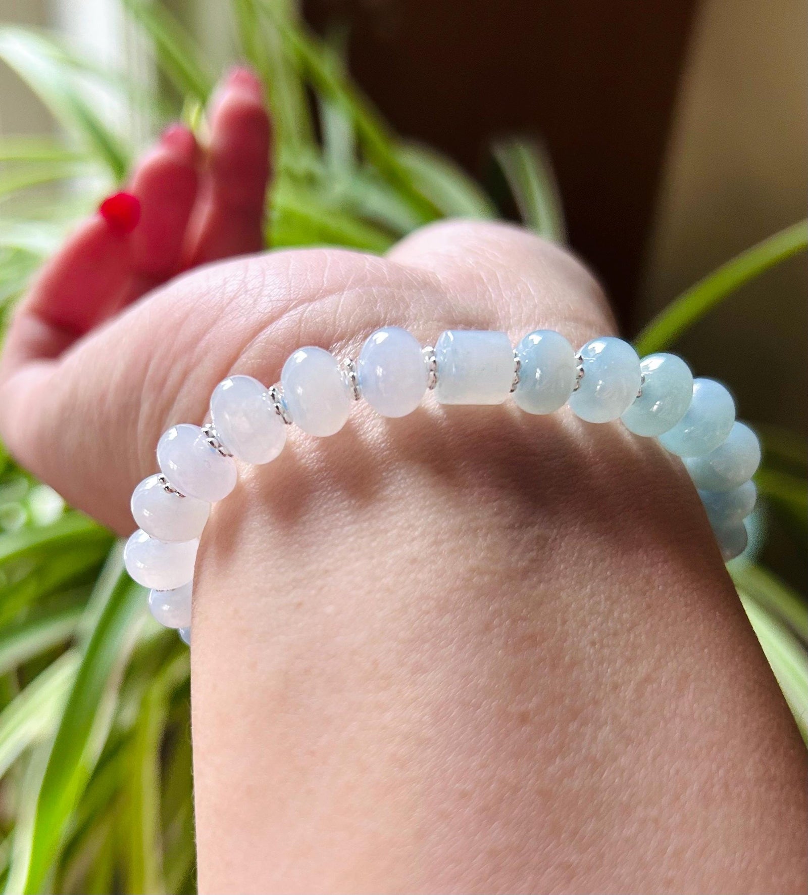 Jadeite Jade Beaded Bracelet Jewelry Gift for Her Burmese Natural High Translucency Type A Icy Blue Gradient Color 8.5mm Handmade in Canada