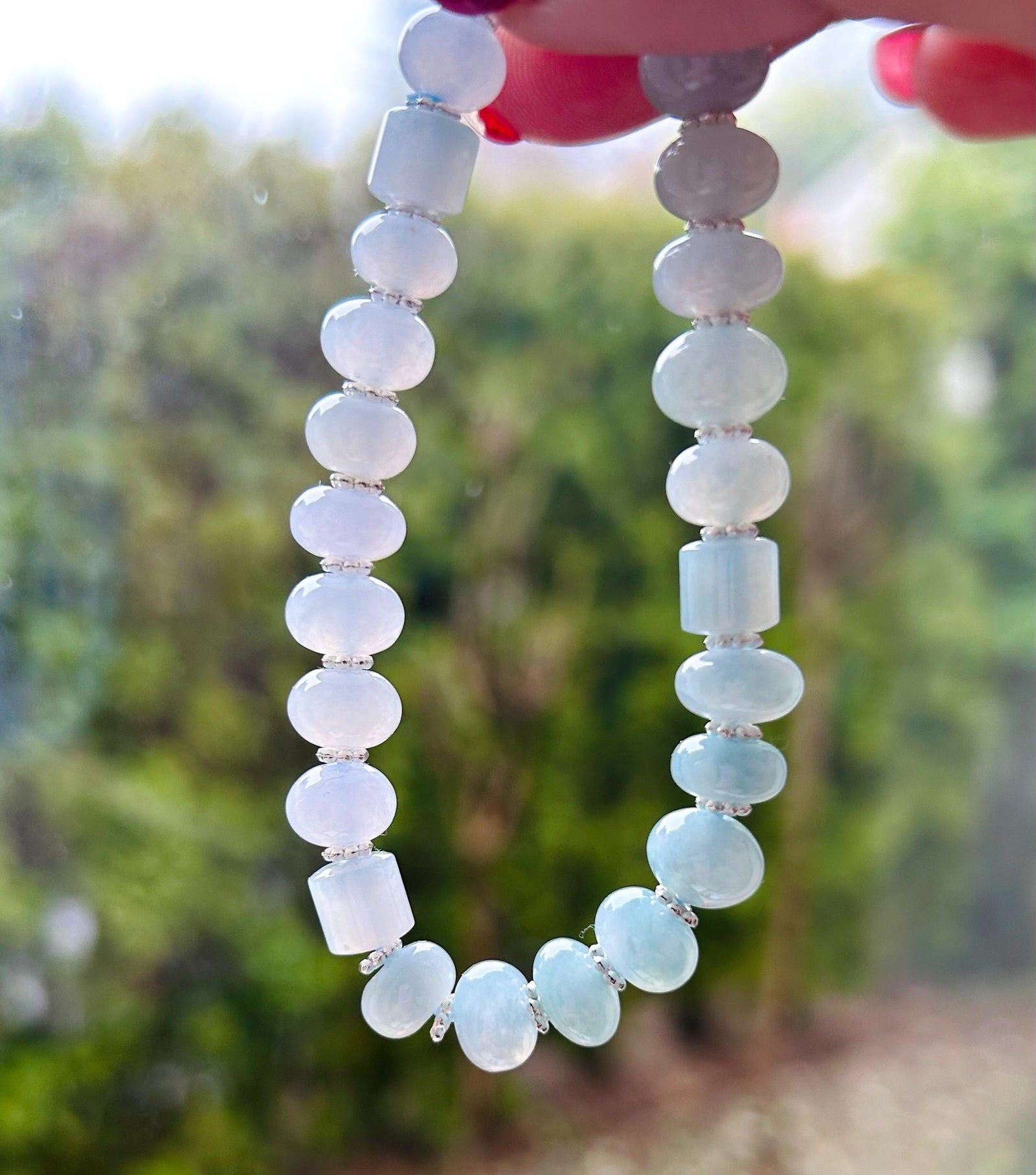 Jadeite Jade Beaded Bracelet Jewelry Gift for Her Burmese Natural High Translucency Type A Icy Blue Gradient Color 8.5mm Handmade in Canada