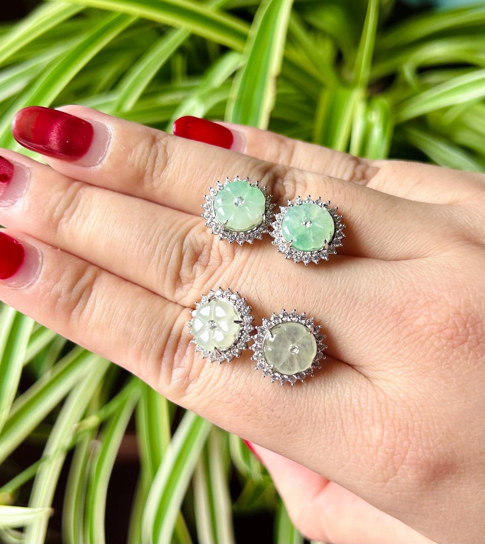 Jadeite Jade Stud Earrings Jewelry Gift for Her Burmese Natural Type A Translucent Icy White and Green Floral Jadeite Earrings Silver