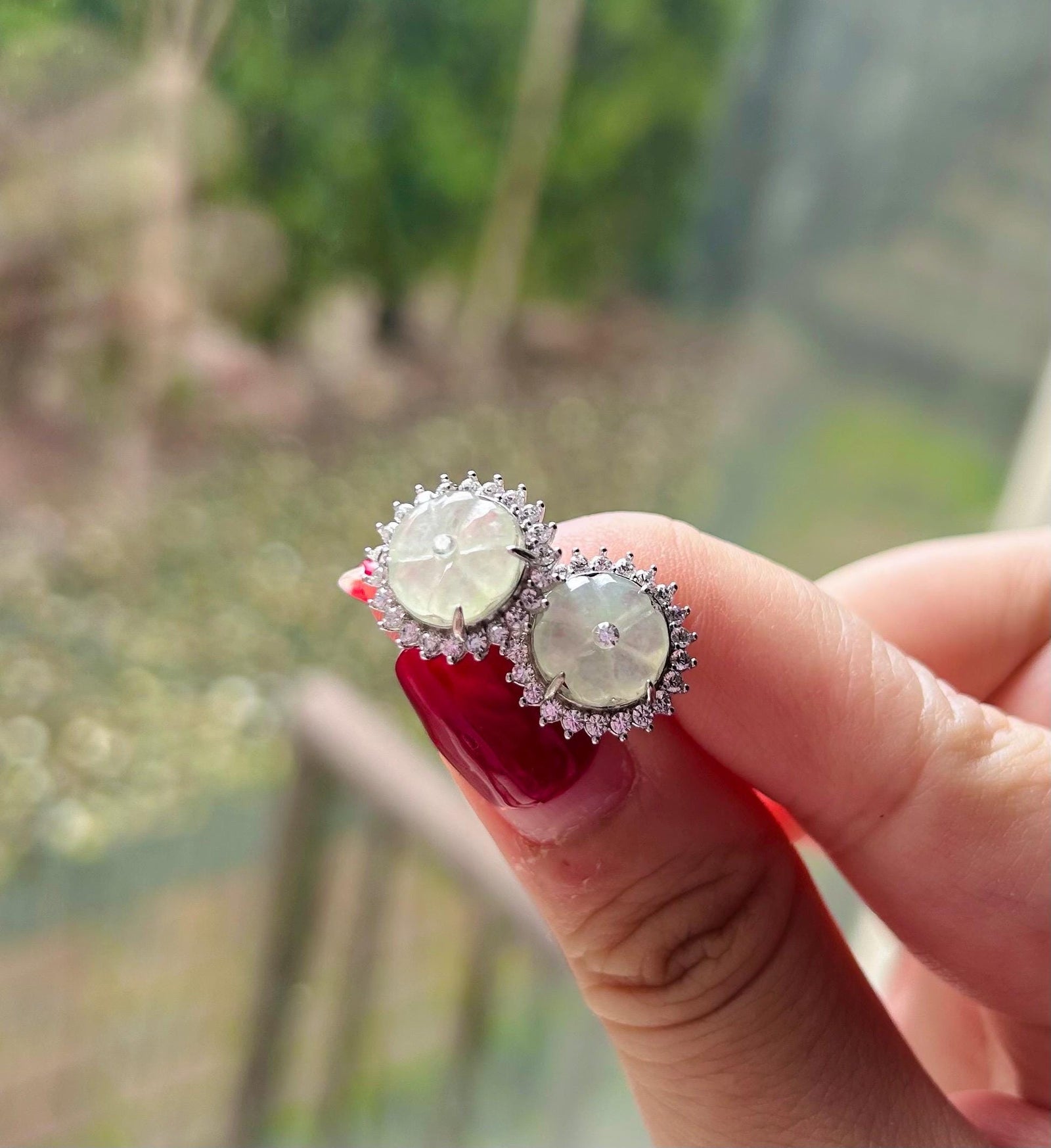Jadeite Jade Stud Earrings Jewelry Gift for Her Burmese Natural Type A Translucent Icy White and Green Floral Jadeite Earrings Silver