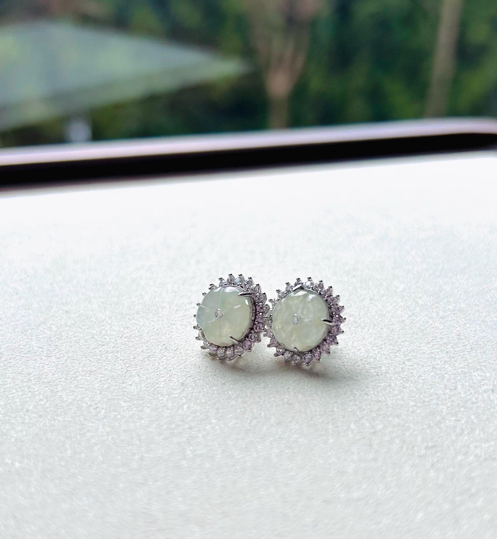 Jadeite Jade Stud Earrings Jewelry Gift for Her Burmese Natural Type A Translucent Icy White and Green Floral Jadeite Earrings Silver