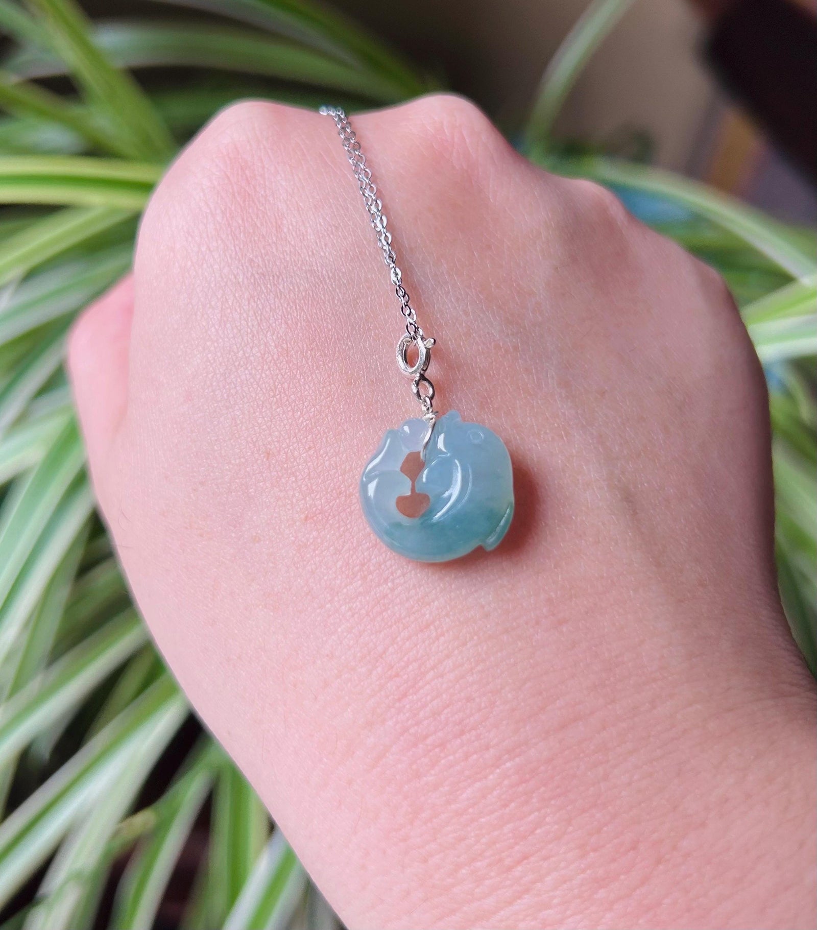 Jadeite Jade Dolphin Pendant Necklace Jewelry Gift for Her Burmese Untreated Type A Icy Translucent Blue Floral Jadeite Sterling Silver