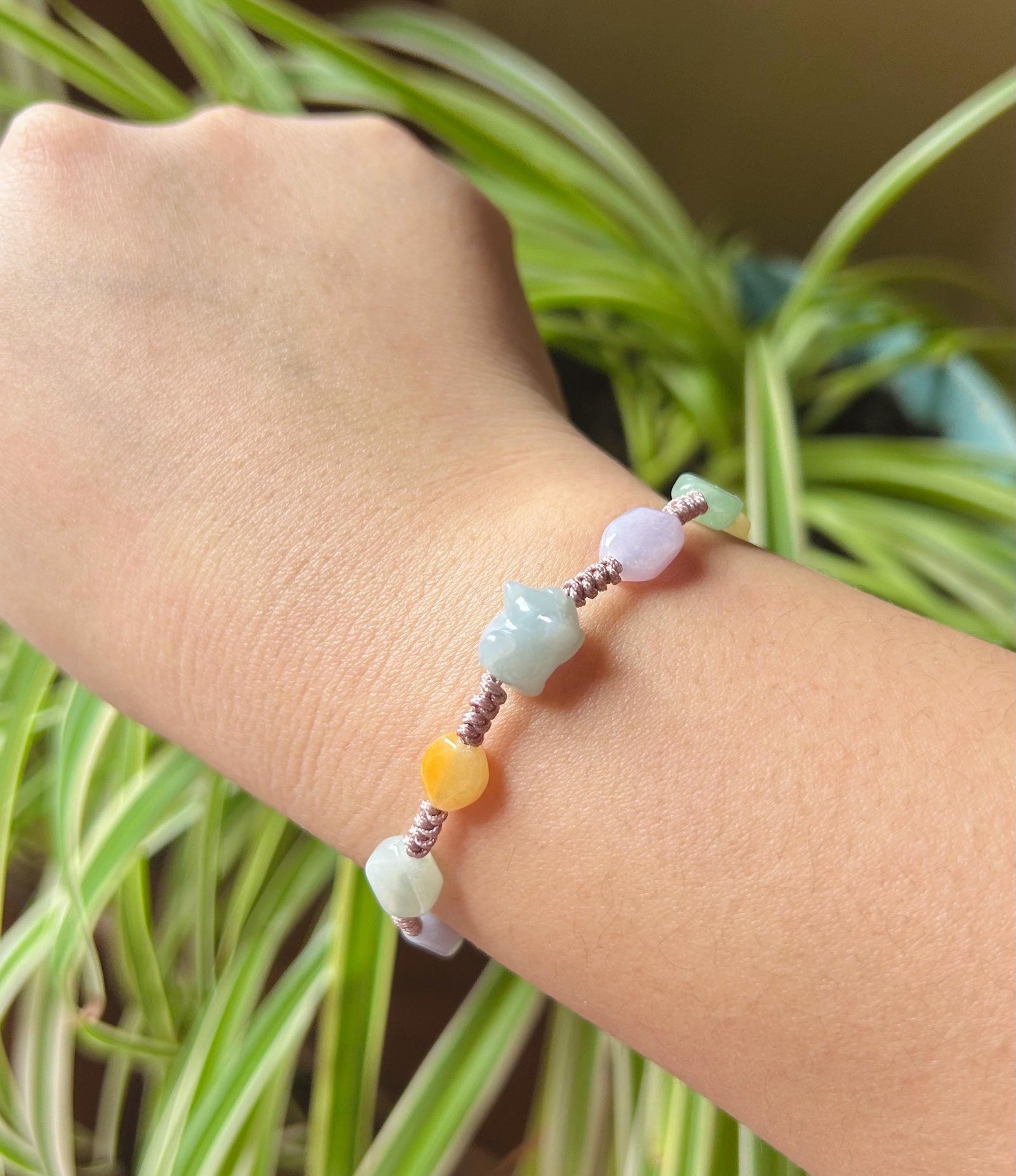 Jadeite Jade Bracelet Jewelry Gift Untreated Burmese Translucent Icy Multicolor Type A Hand-woven Cute Kitty Multi-Shape Beads Bracelet Gift