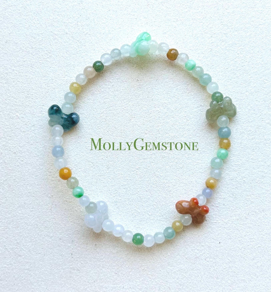 Jadeite Bracelet Jade Jewelry Gift for Her Minimalist Natural Burmese Type A Icy Multi-color Rainbow & Bowknot Highly Translucent 3.5mm Jade