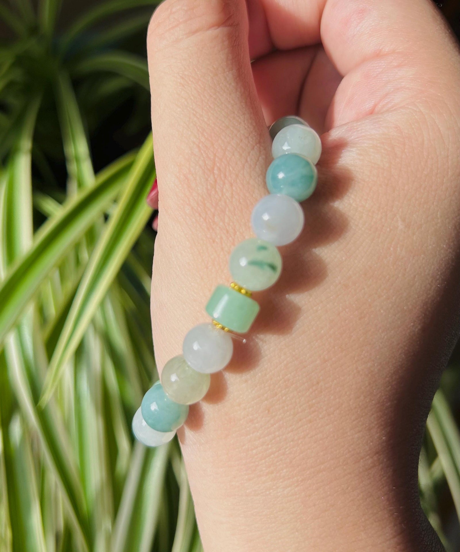 Jadeite Jade Beaded Bracelet Jewelry Gift for Her Natural Burmese Grade A Icy Highly Translucent Multi-color Jadeite 8.4mm Spring Color