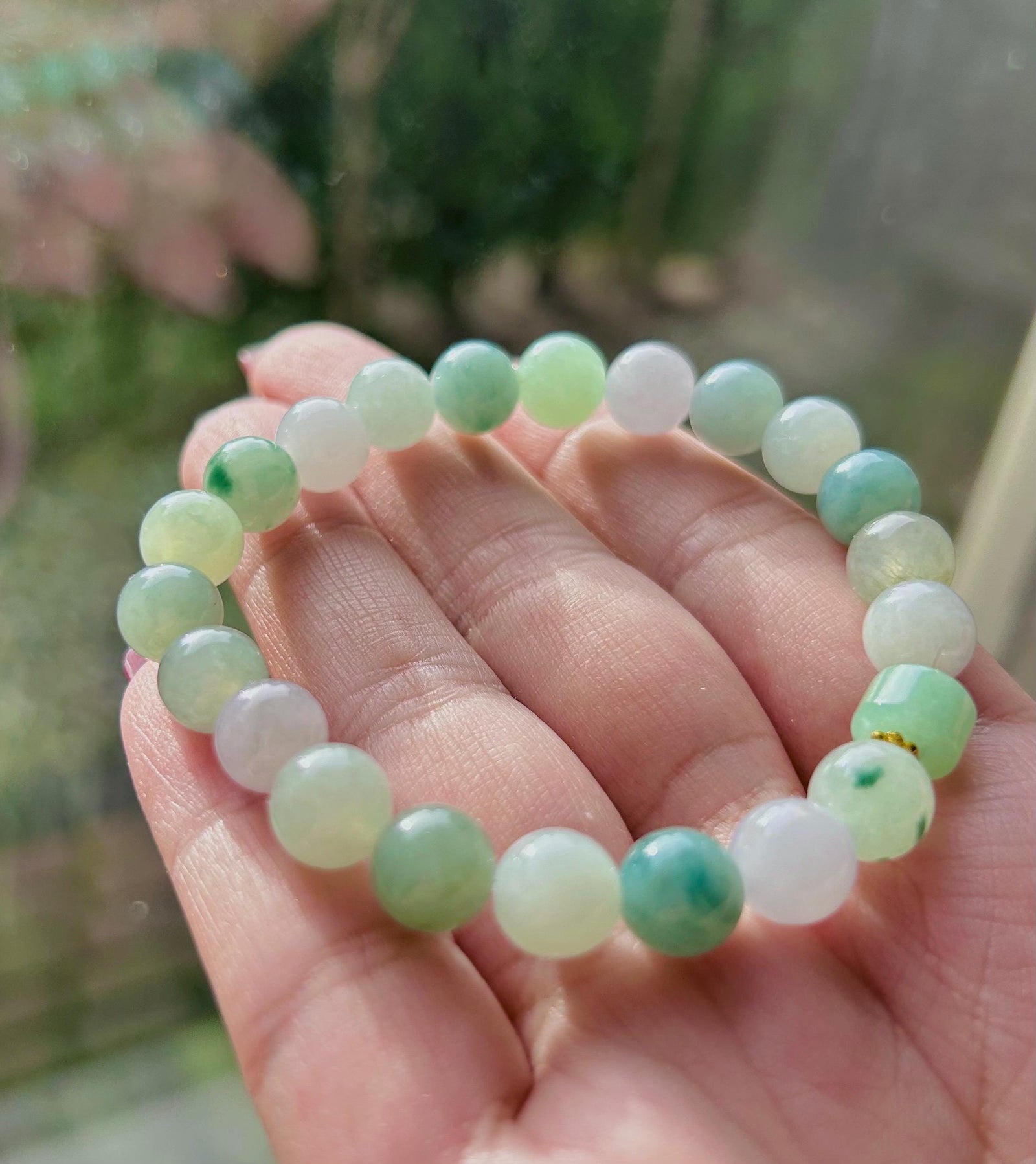 Jadeite Jade Beaded Bracelet Jewelry Gift for Her Natural Burmese Grade A Icy Highly Translucent Multi-color Jadeite 8.4mm Spring Color