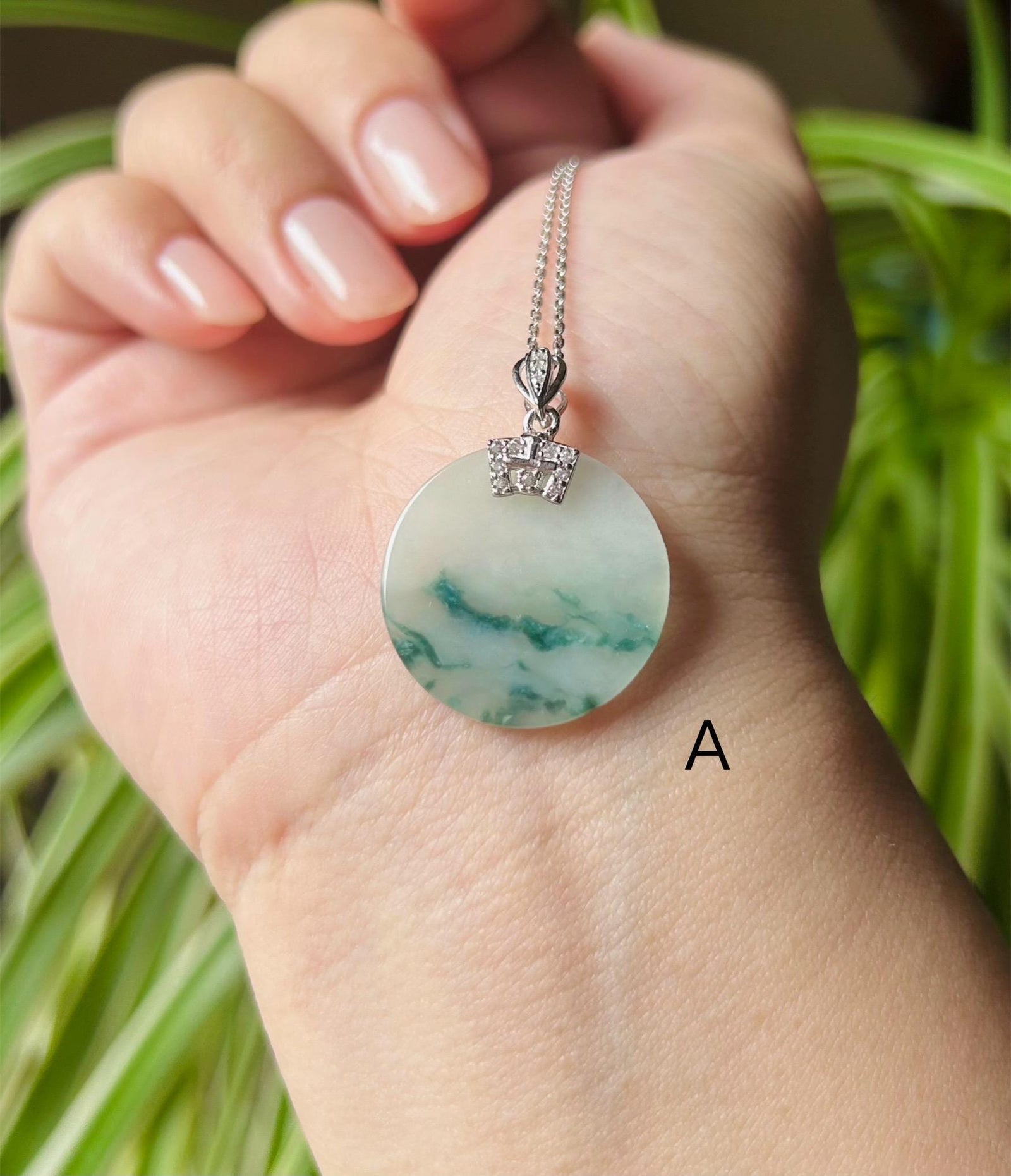 Jadeite Jade Pendant Sterling Silver Necklace Jewelry Gift for Her Burmese Untreated Type A Translucent Icy Blue Floral Jadeite Peace Plaque