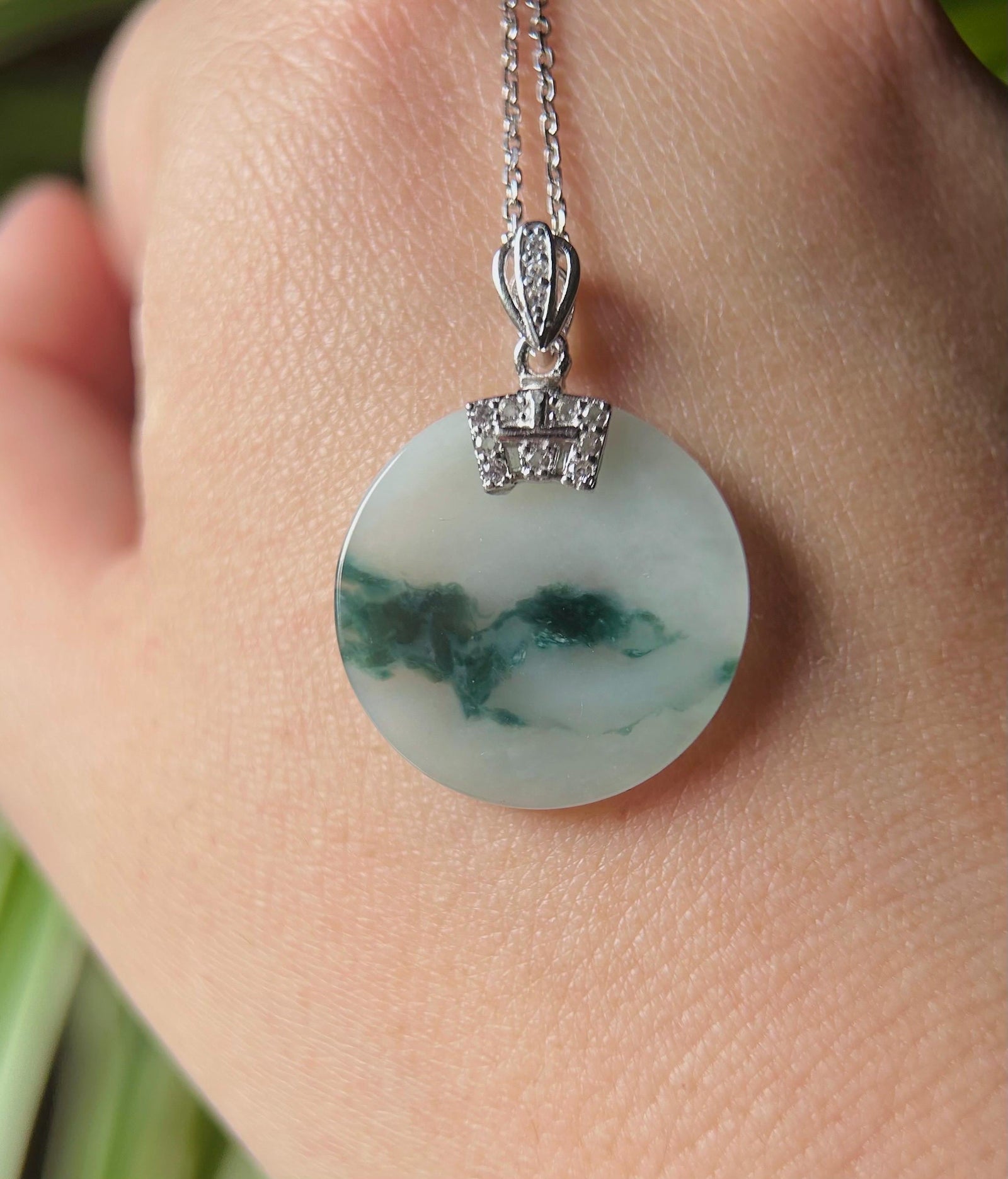 Jadeite Jade Pendant Sterling Silver Necklace Jewelry Gift for Her Burmese Untreated Type A Translucent Icy Blue Floral Jadeite Peace Plaque