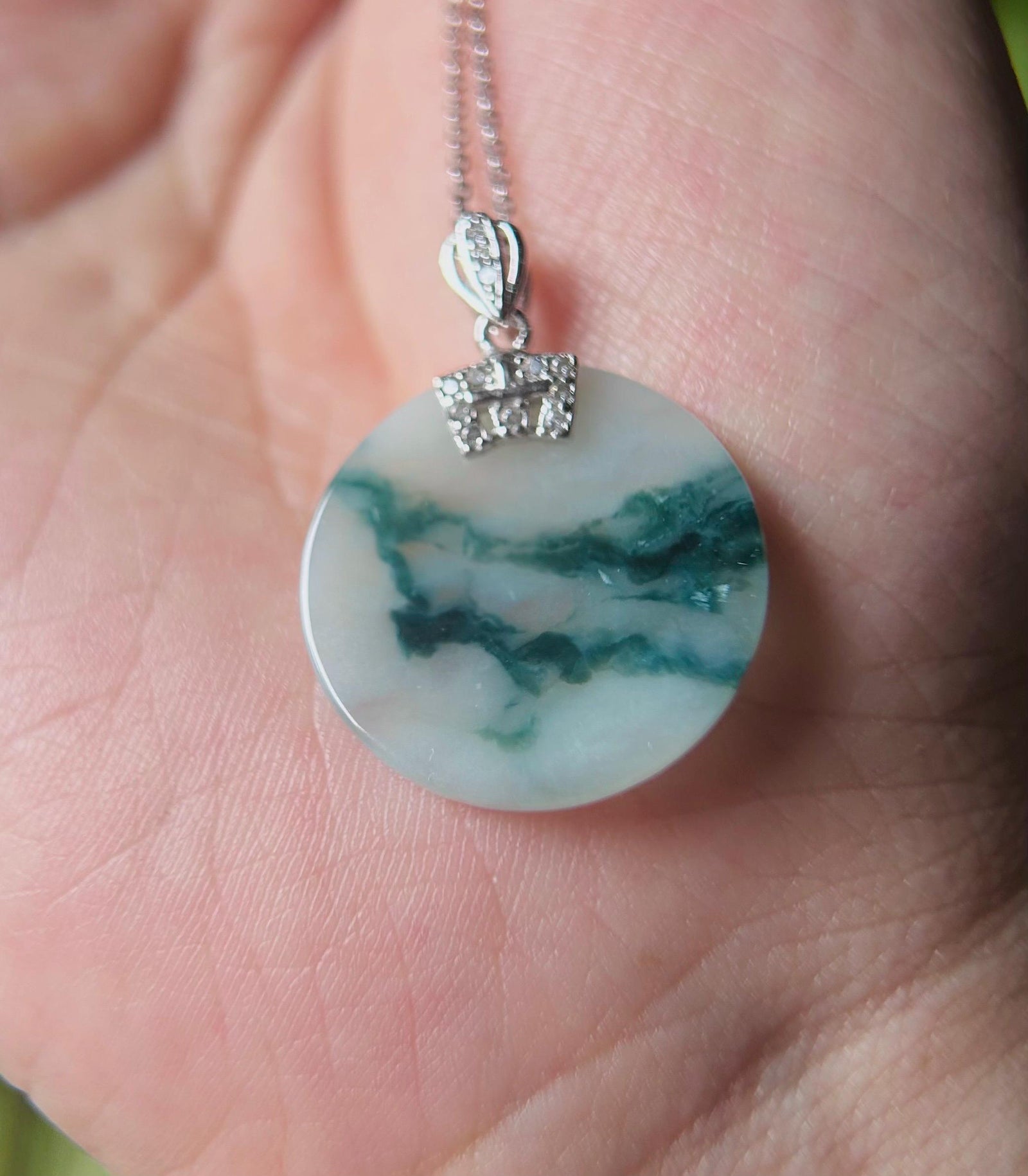 Jadeite Jade Pendant Sterling Silver Necklace Jewelry Gift for Her Burmese Untreated Type A Translucent Icy Blue Floral Jadeite Peace Plaque