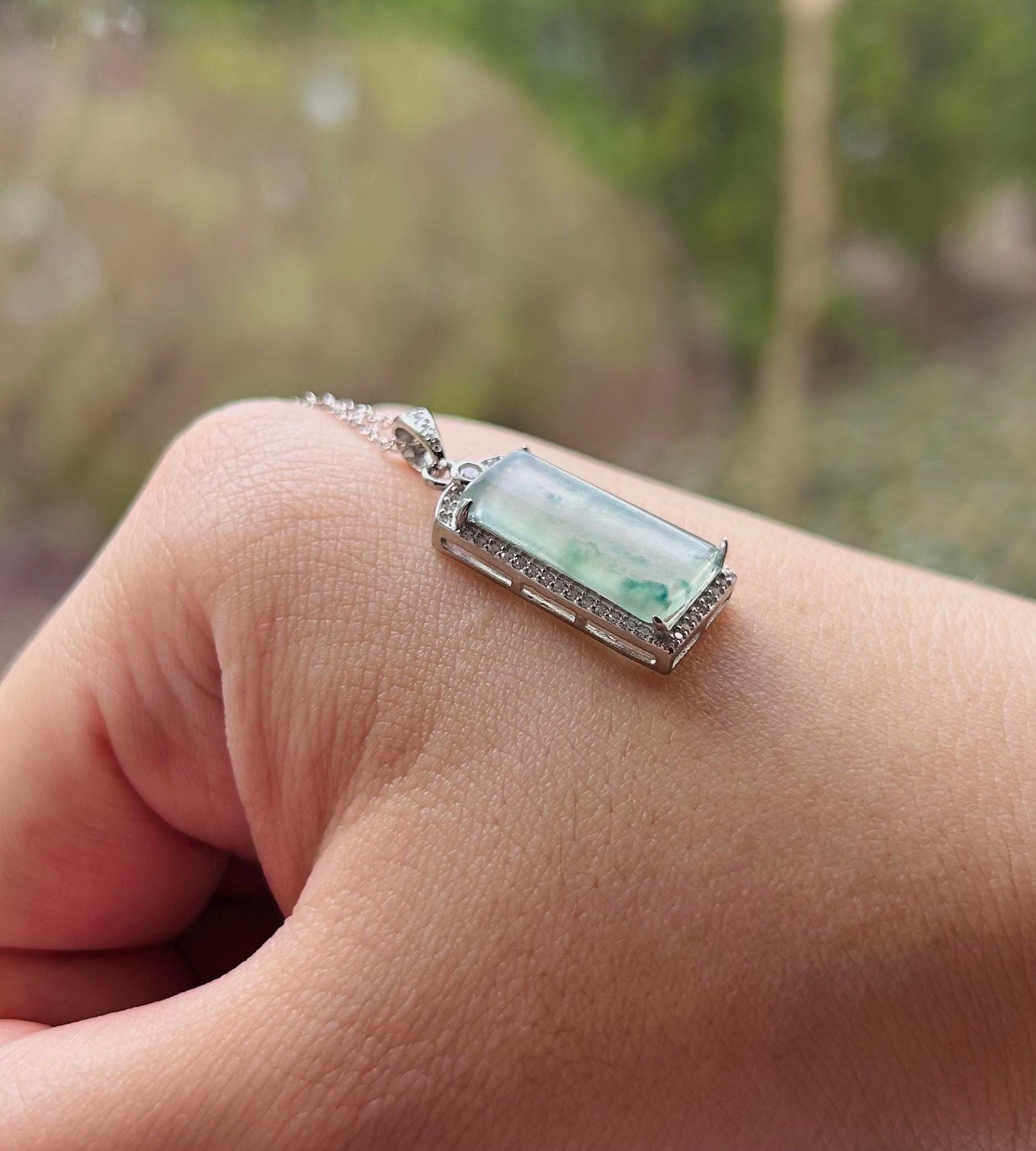 Jadeite Jade Pendant Sterling Silver Necklace Jewelry Gift for Her Burmese Untreated Type A Highly Translucent Icy Blue Floral Jade