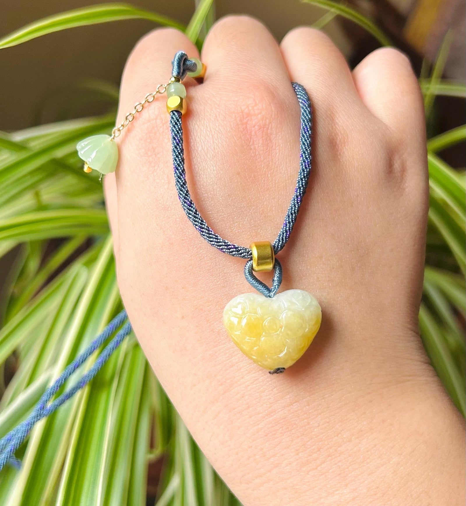 Jadeite Jade Heart Pendant Adjustable Necklace Handcrafted Gift for Her Burmese Authentic Untreated Type A Translucent Icy Yellow Jadeite