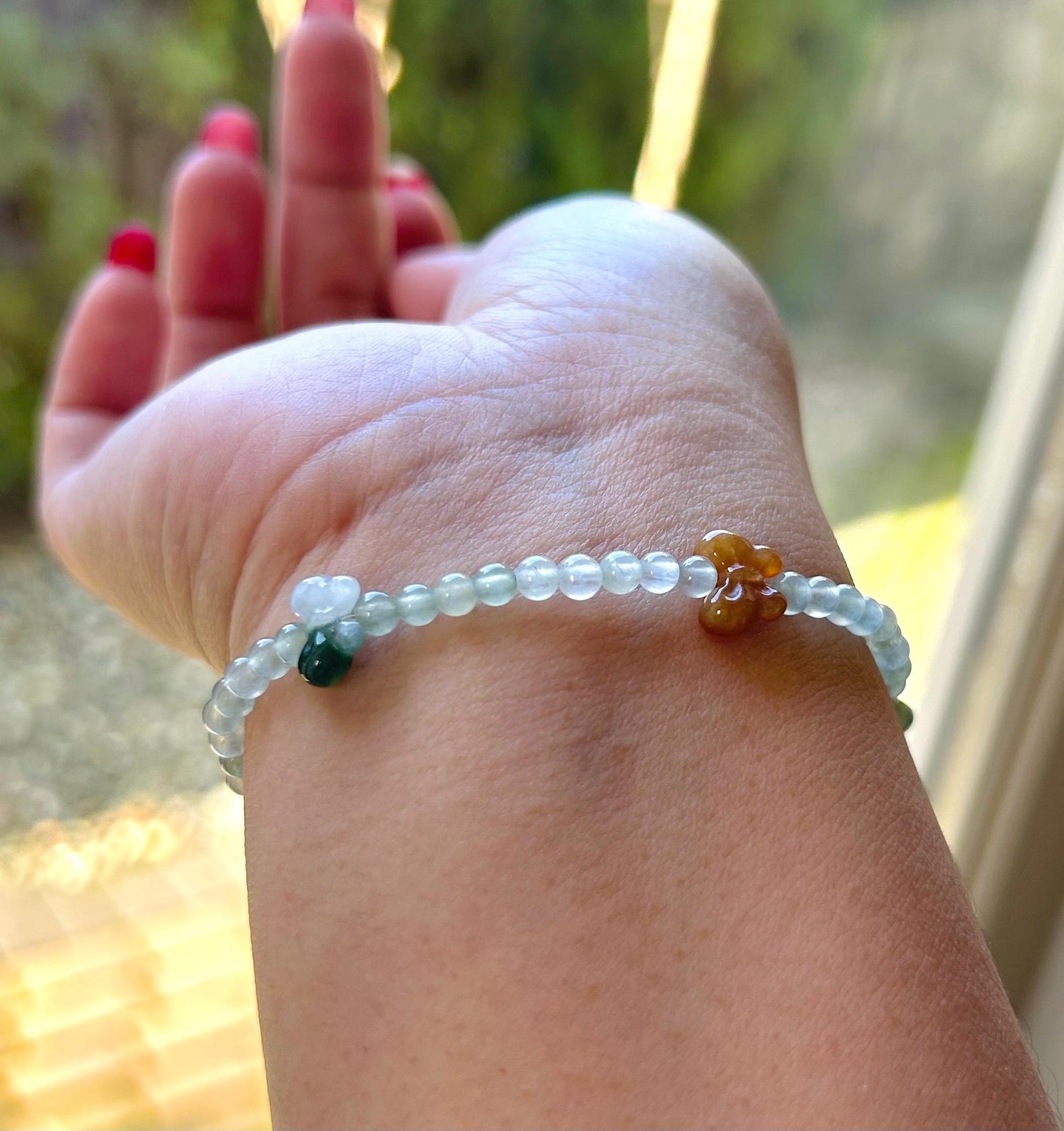 Jadeite Bracelet Jade Jewelry Gift for Her Minimalist Natural Burmese Type A Icy Multi-color Rainbow & Bowknot Highly Translucent 3.5mm Jade