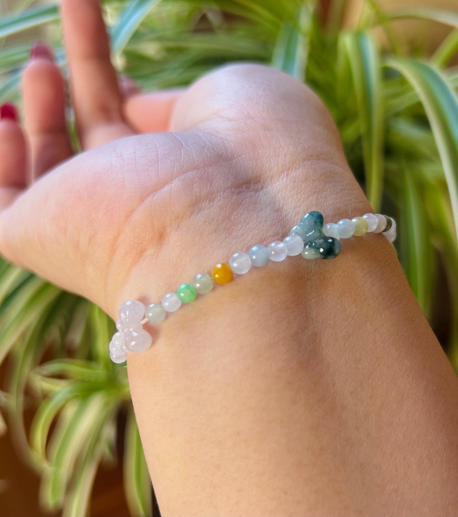 Jadeite Bracelet Jade Jewelry Gift for Her Minimalist Natural Burmese Type A Icy Multi-color Rainbow & Bowknot Highly Translucent 3.5mm Jade