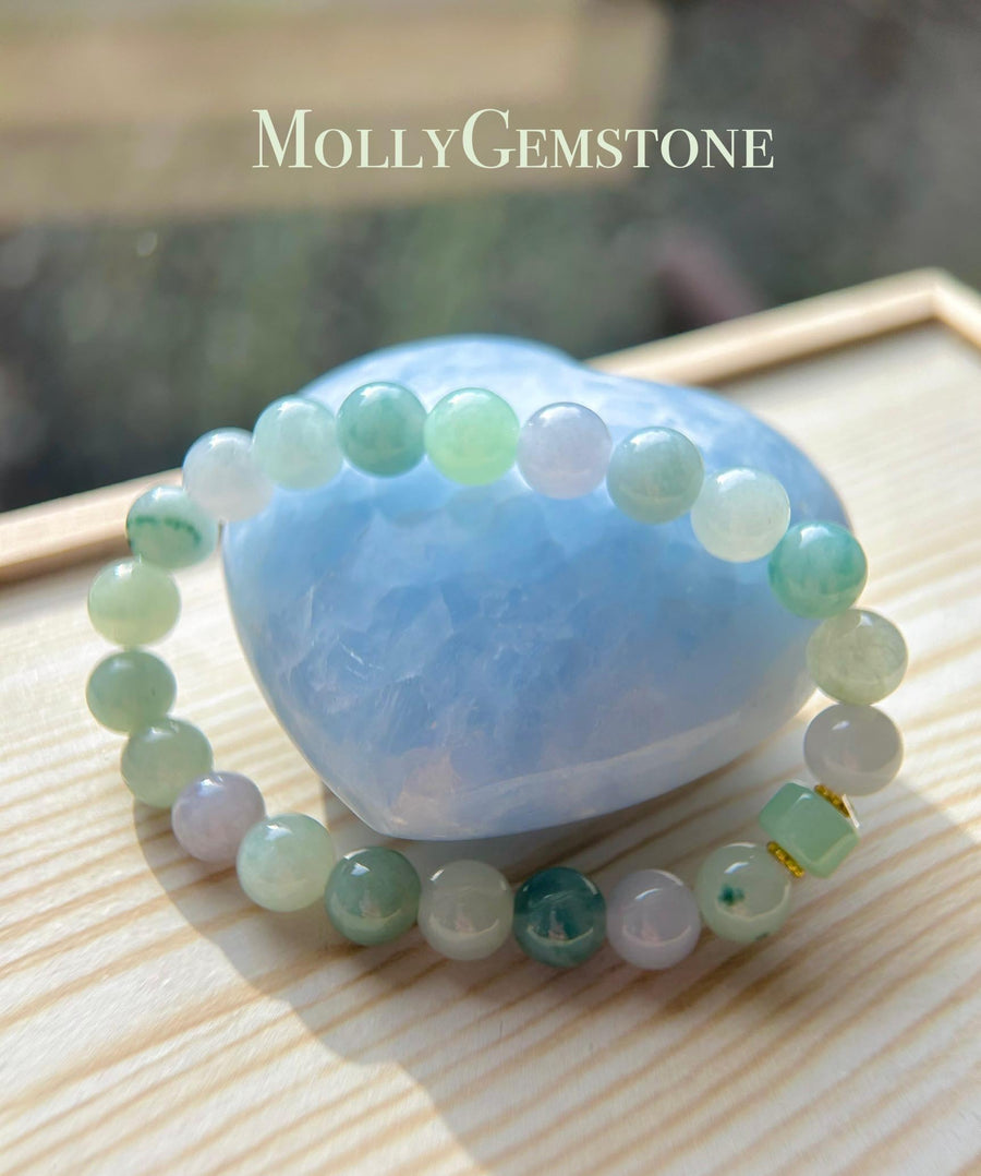 Jadeite Jade Beaded Bracelet Jewelry Gift for Her Natural Burmese Grade A Icy Highly Translucent Multi-color Jadeite 8.4mm Spring Color