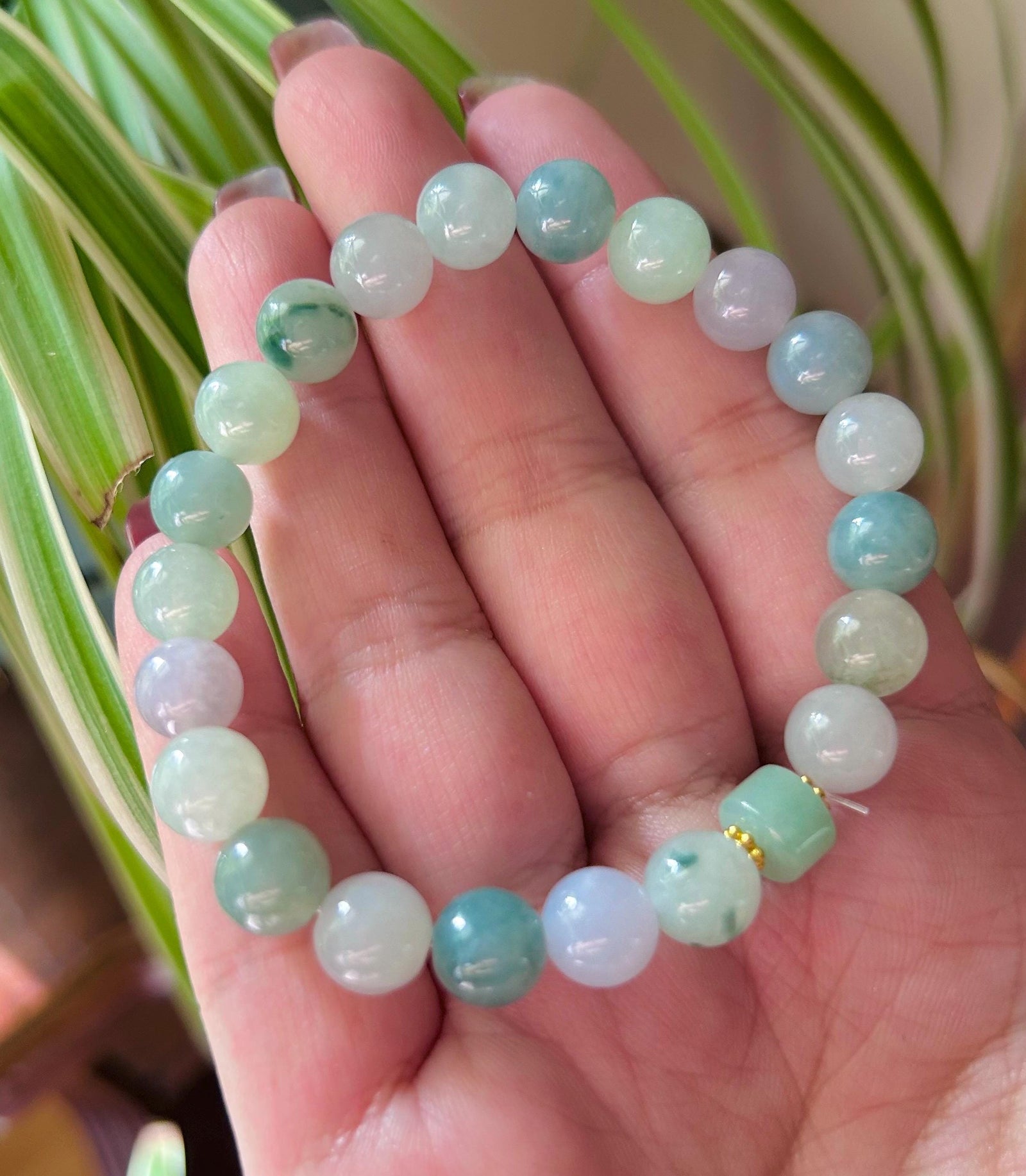 Jadeite Jade Beaded Bracelet Jewelry Gift for Her Natural Burmese Grade A Icy Highly Translucent Multi-color Jadeite 8.4mm Spring Color