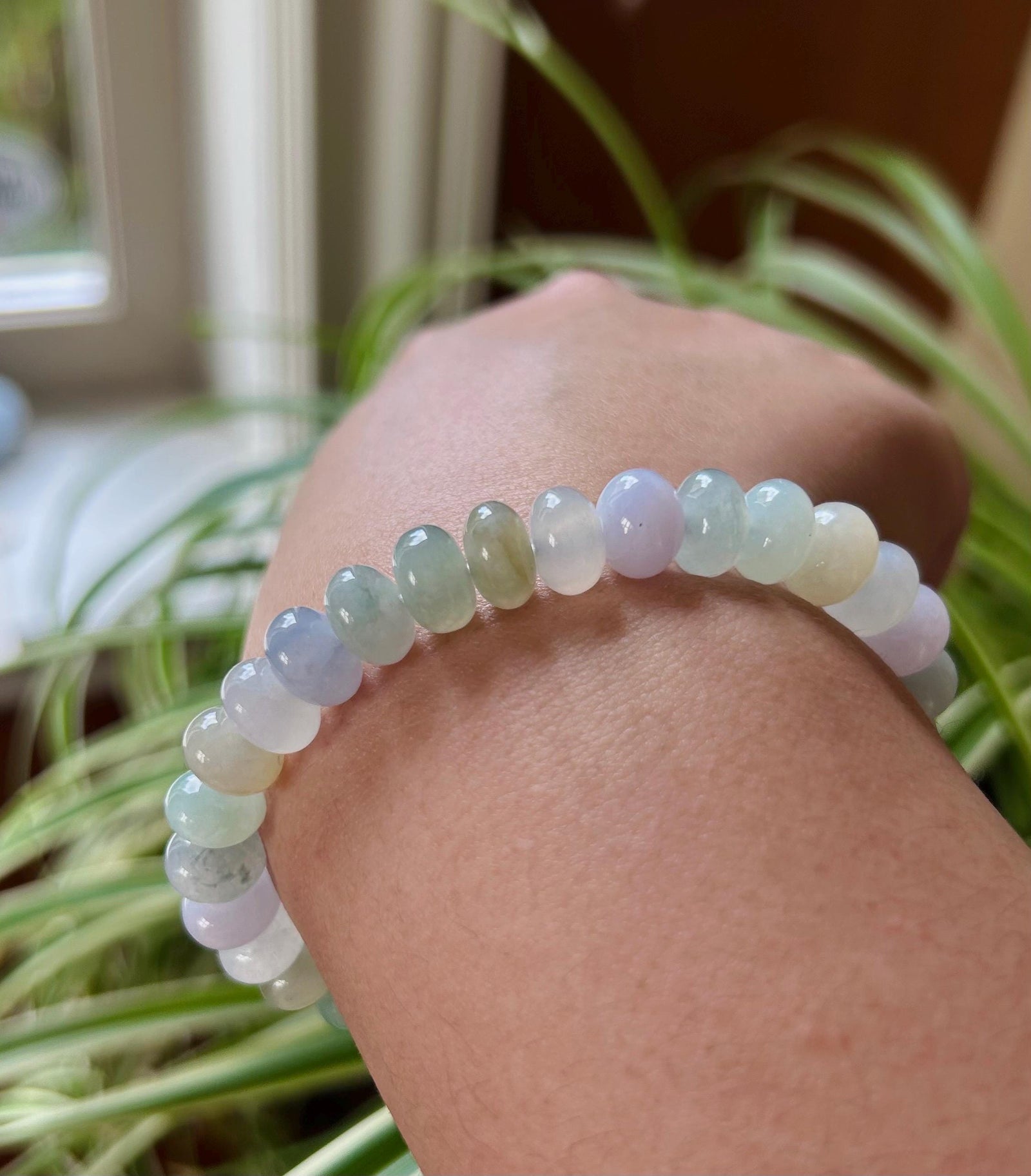 Jadeite Jade Beaded Bracelet Jewelry Gift for Mom Natural Burmese Type A Icy Highly Translucent Jadeite Multi-color Spring Color 9mm Jade