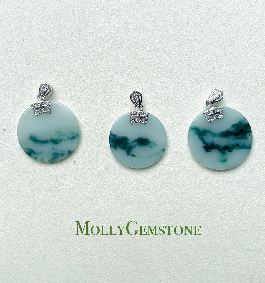Jadeite Jade Pendant Sterling Silver Necklace Jewelry Gift for Her Burmese Untreated Type A Translucent Icy Blue Floral Jadeite Peace Plaque